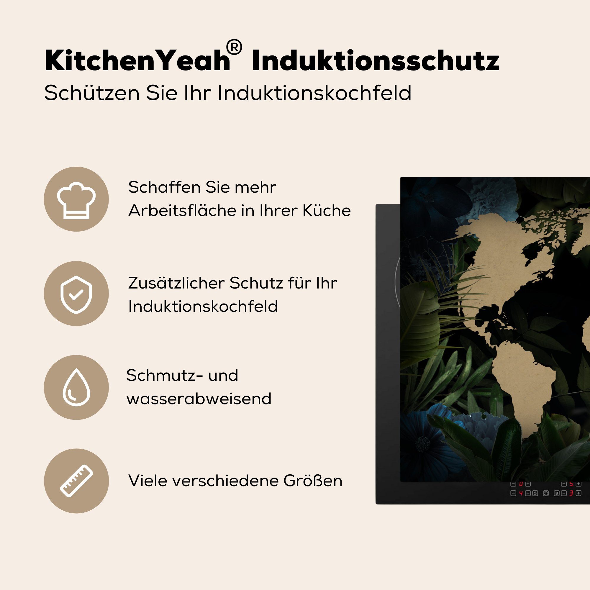 Induktionskochfeld Herdblende-/Abdeckplatte - - 81x52 (1 tlg), Schwarz Schutz küche, Weltkarte Blätter, Vinyl, Ceranfeldabdeckung für MuchoWow cm, die