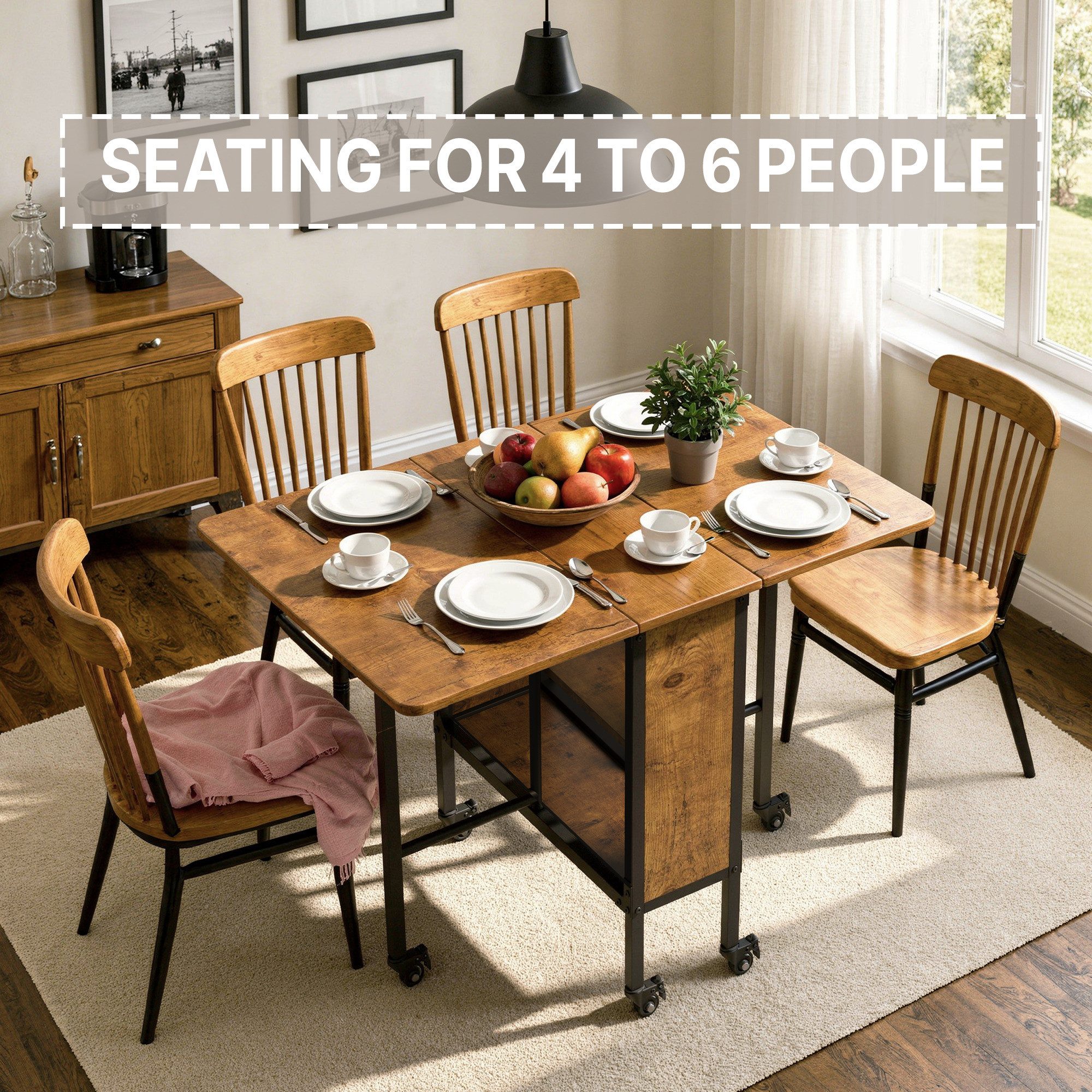 Bealife Klapptisch mit Ablage und 6 Rollen, Esszimmertisch für 6 Personen (Platzsparendes Design, 1-St. Esstisch)