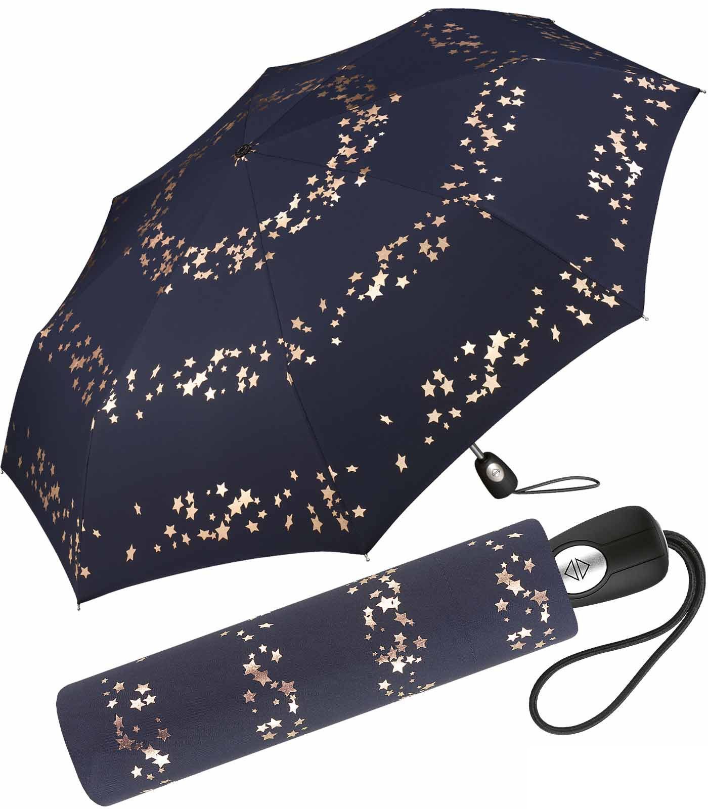 Pierre Cardin Taschenregenschirm schöner Damen-Regenschirm mit Auf-Zu-Automatik, traumhafte Sterne in verspieltem Design blau-rotgold