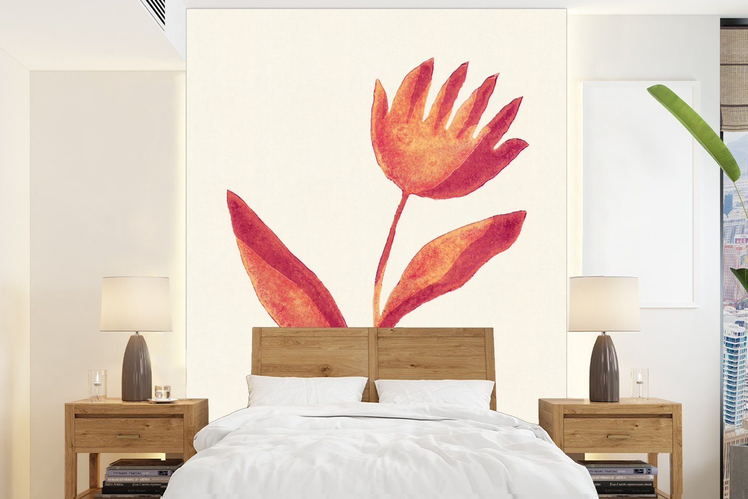 MuchoWow Fototapete Blumen - Pflanze - Rot - Pastell, Matt, bedruckt, (4 St), Montagefertig Vinyl Tapete für Wohnzimmer, Wandtapete