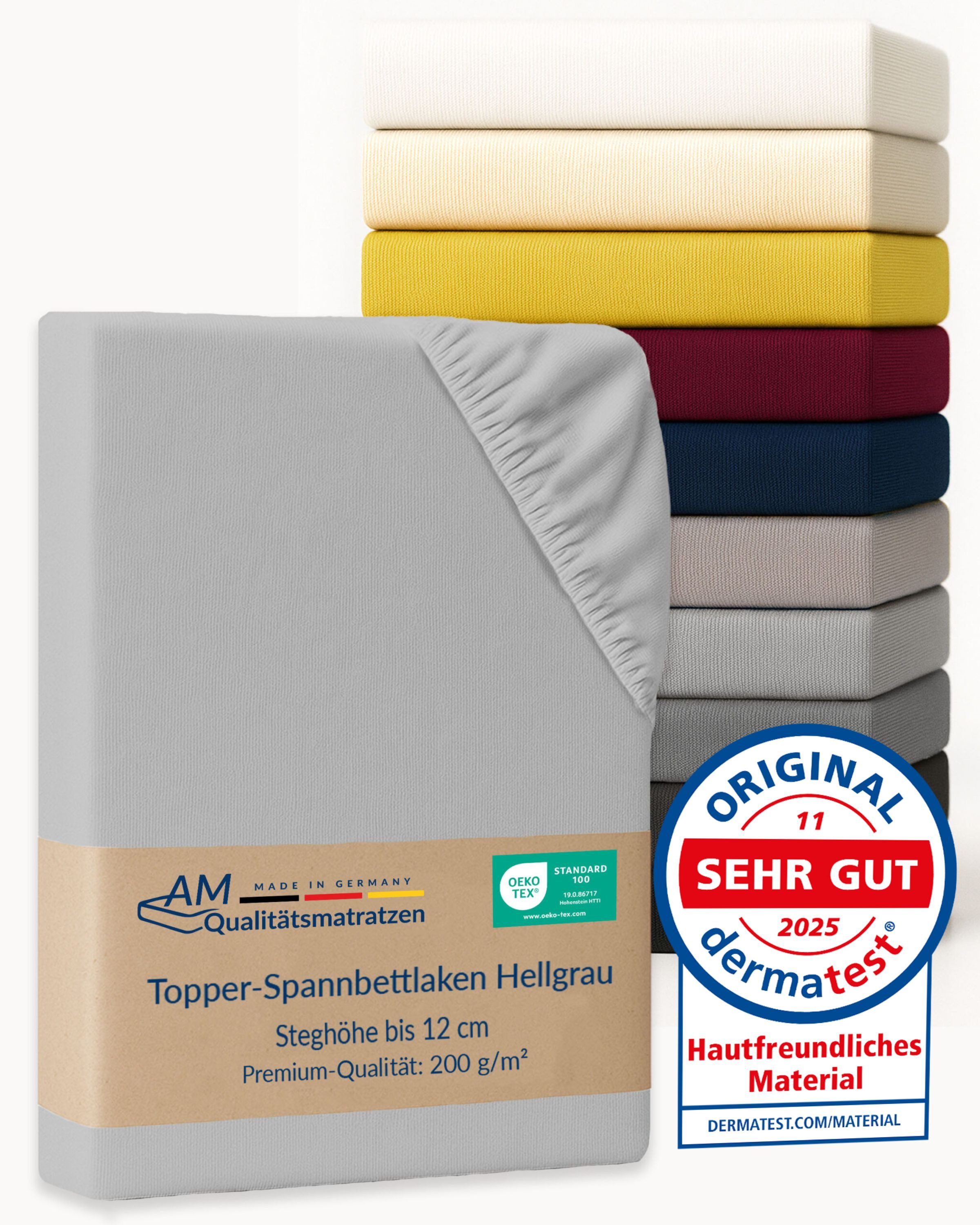 AM Qualitätsmatratzen Spannbettlaken Baumwolle in hellgrau, Bettlaken für Topper, Made in Germany, Baumwolle, Gummizug: rundum, (1 Stück), 90x200x12 – Bild 2 von 5
