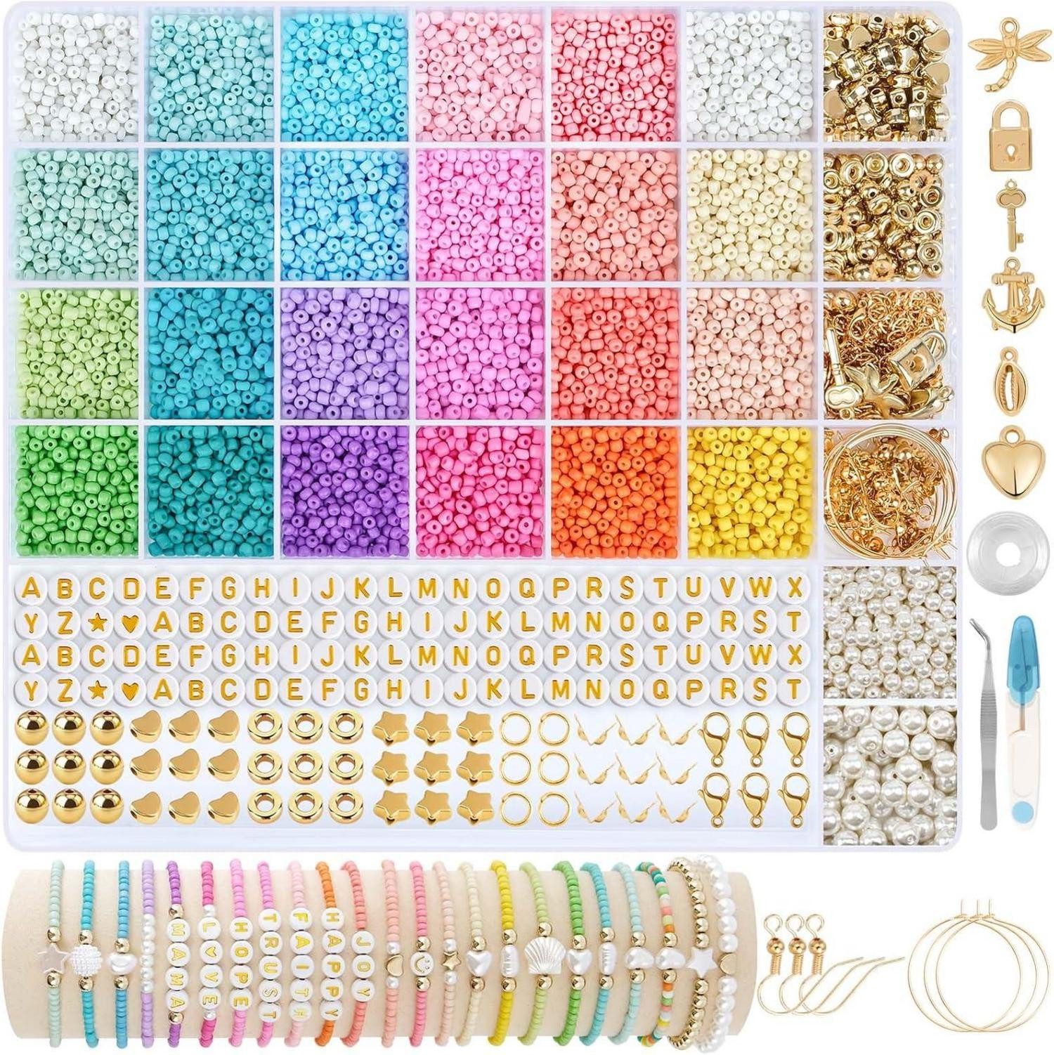 Ketten und Armband Set Perlen Armbänder Bastelset Pastell 24 Farben DIY Kit Weihnachten