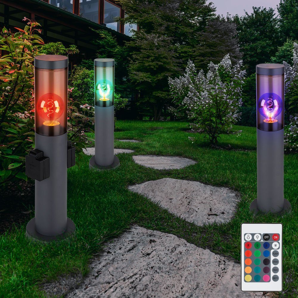Globo LED Außen-Stehlampe, Leuchtmittel inklusive, Sockelleuchte RGB Steckdosen 3x LED Farbwechsel, Edelstahl Außen Fernbedienung Warmweiß