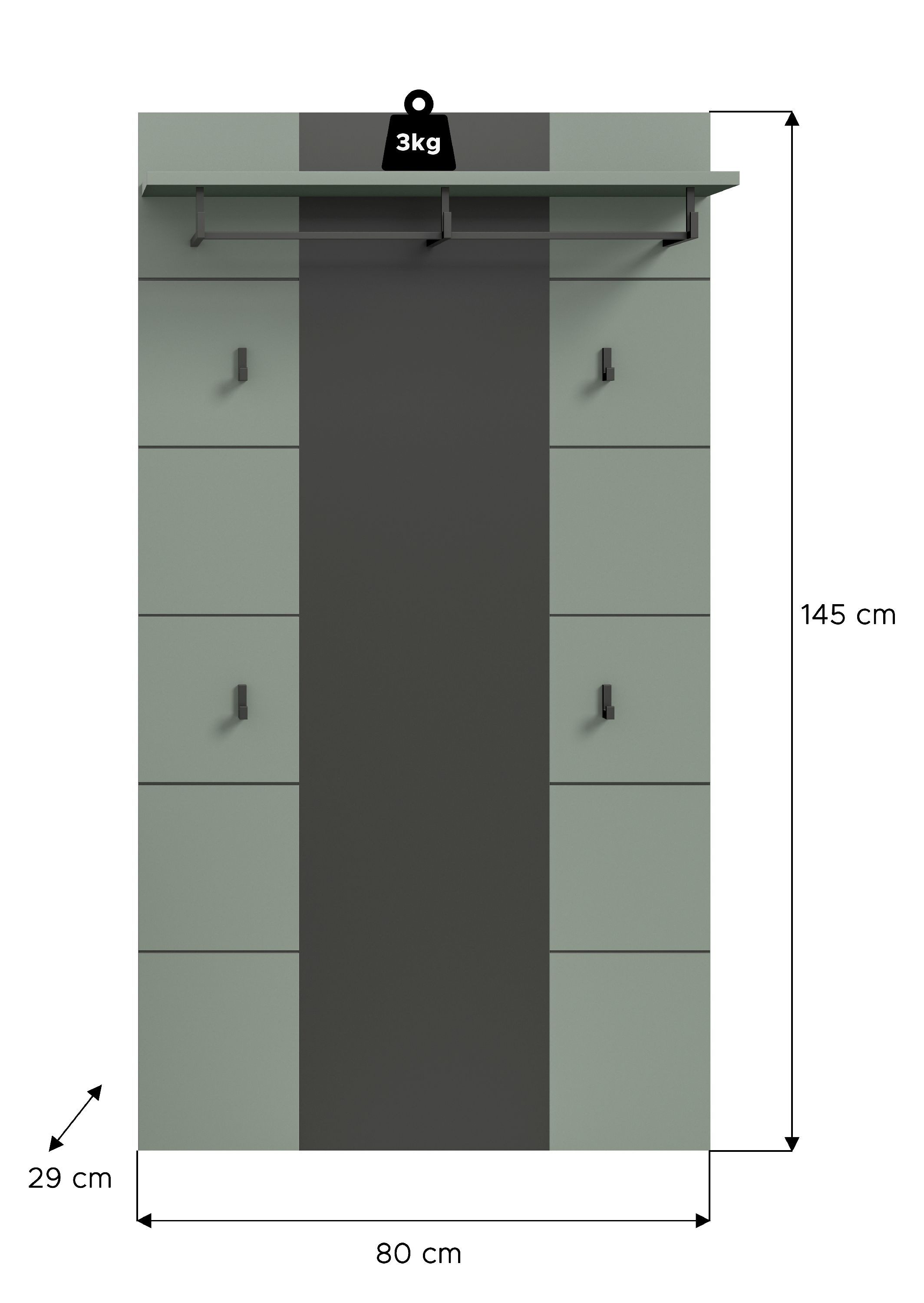 xonox.home Garderobenpaneel, Basalt grau/Smoke Green Melamin beschichtet 141x80x29 cm