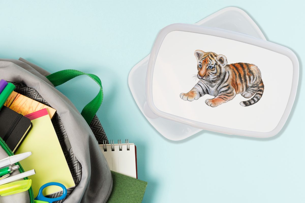 MuchoWow Lunchbox Tiger - Baby Mädchen Jungs Weiß, (2-tlg), Brotdose, - und Brotbox Kunststoff, für Erwachsene, und Kinder für
