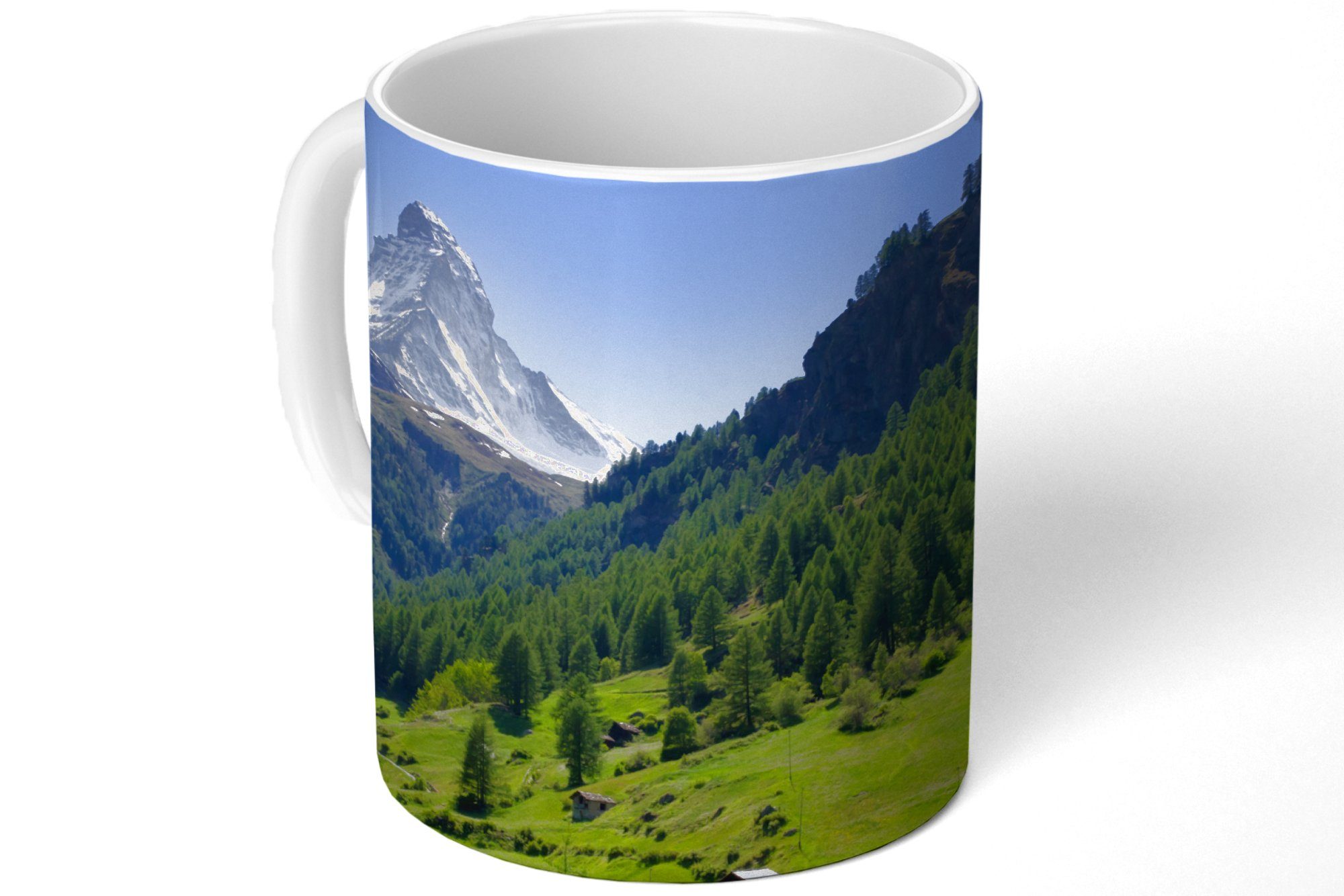 MuchoWow Tasse Schweizer Alpen Becher, Bäumen, Keramik, Matterhorn im grünen mit Geschenk Teetasse, Kaffeetassen, Teetasse