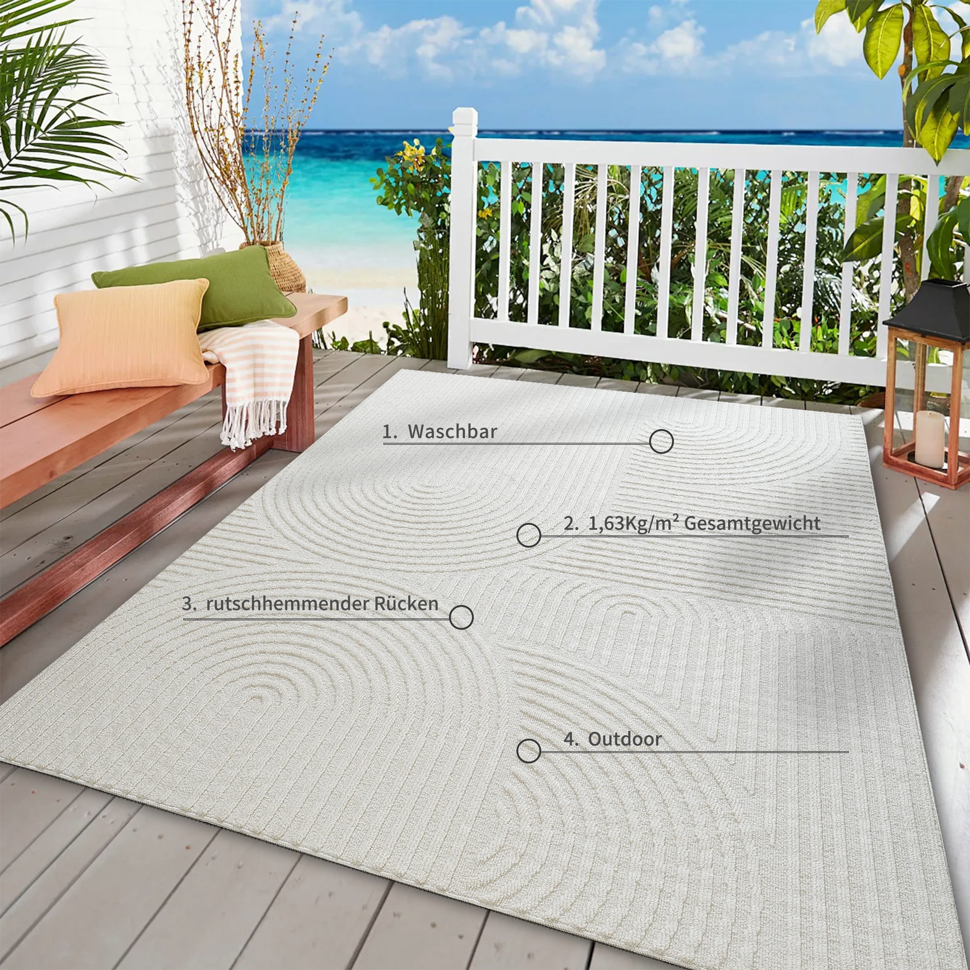 OTTO home Teppich Jola, In- und Outdoor geeignet, Hoch-Tief-Design, Scandi, rechteckig, Höhe: 9 mm, Hoch-Tief-Struktur, Zen, Wetterfest & UV-beständig, Balkon, Camping