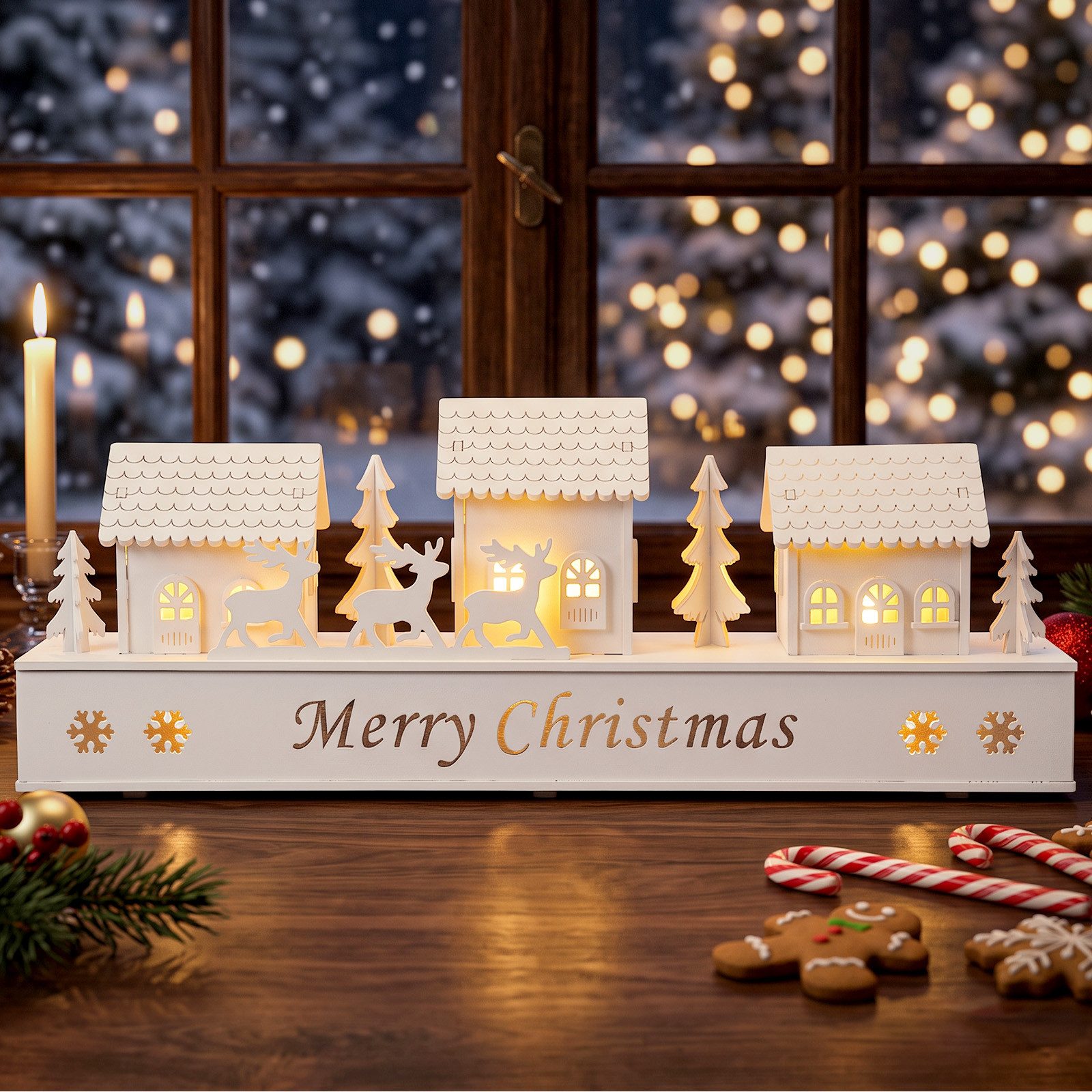 Salcar Schwibbogen LED aus Holz, Lichterbogen Weihnachtsdorf,3D Weihnachtsdeko, 3D-Design, beidseitig identisch, warmweiße LED-Beleuchtung