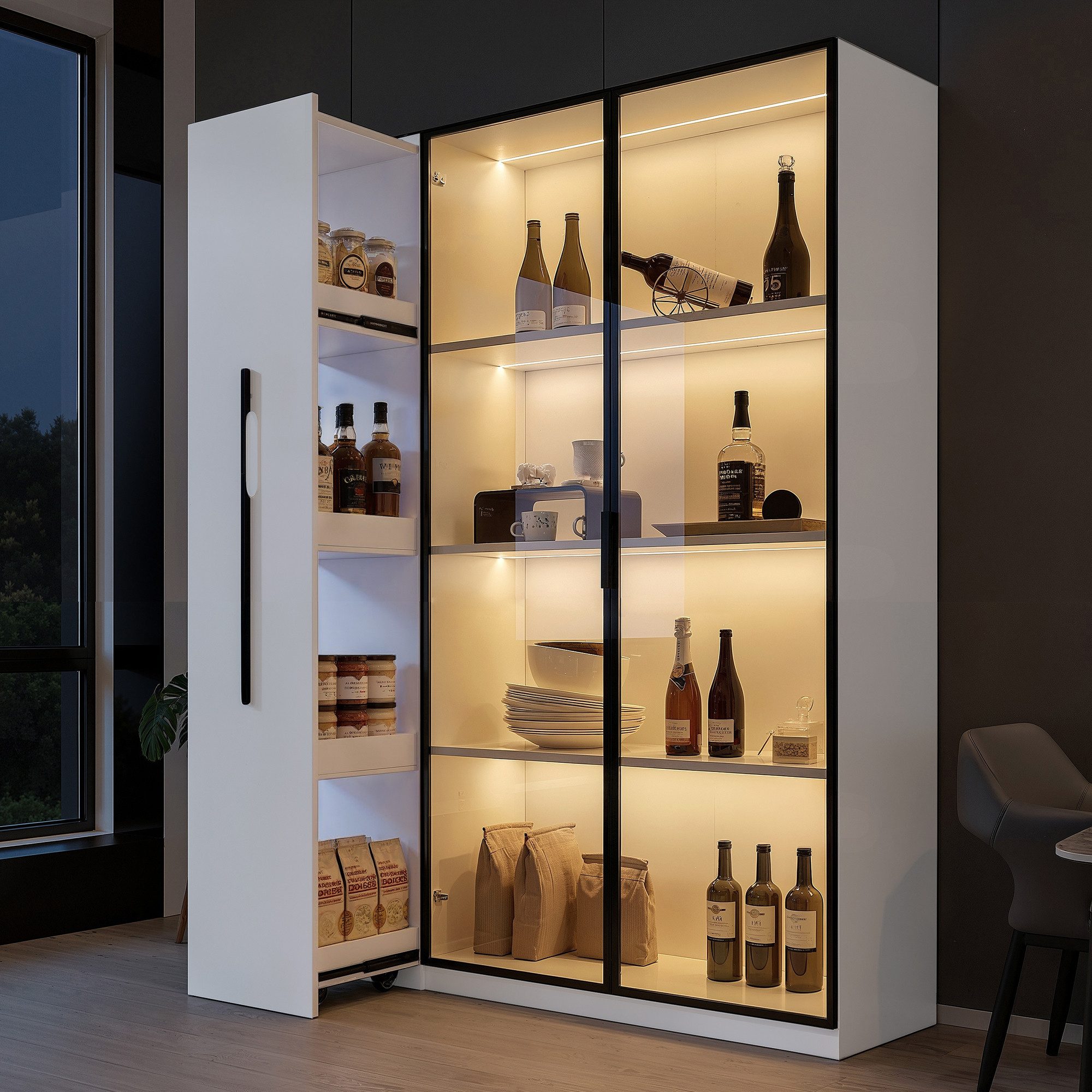 BlingBin Glasvitrine Standvitrine LED Glasvitrine 110x30x160 cm Schwarz aus MDF (1-St., mit Glasfront, ausziehbaren Regalen, Schubladen & Anti-Kipp) für Wohnzimmer/Küche/Büro