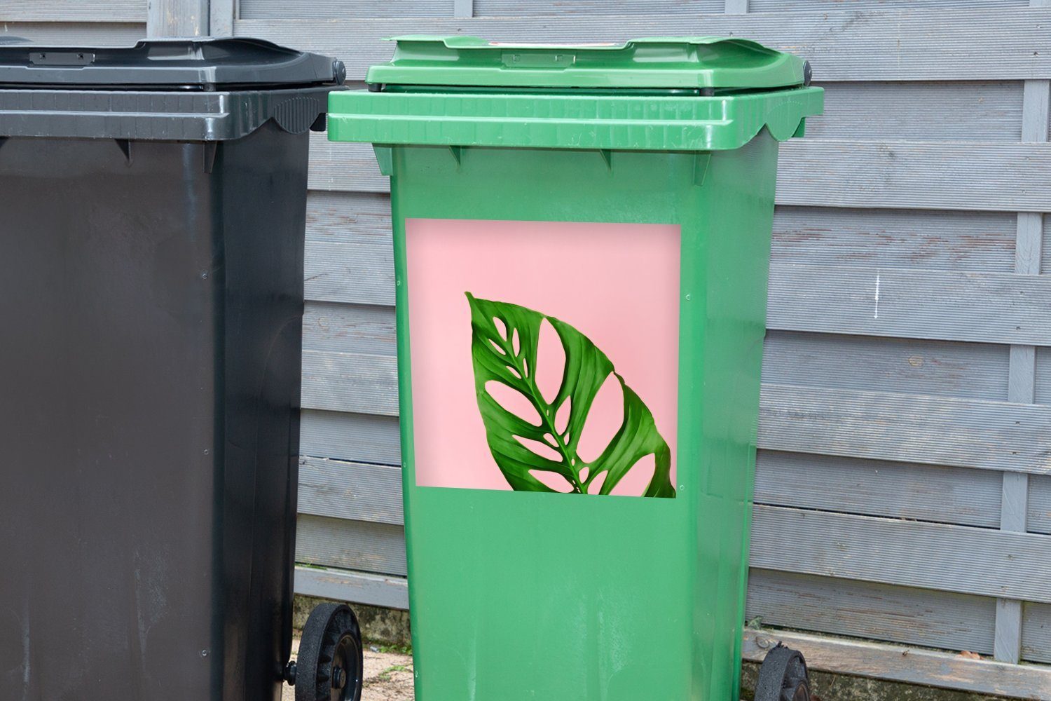 mit Abfalbehälter (1 Sticker, Mülltonne, Container, als St), Hintergrund Farbe heller Blatt MuchoWow Mülleimer-aufkleber, Botanisches Wandsticker