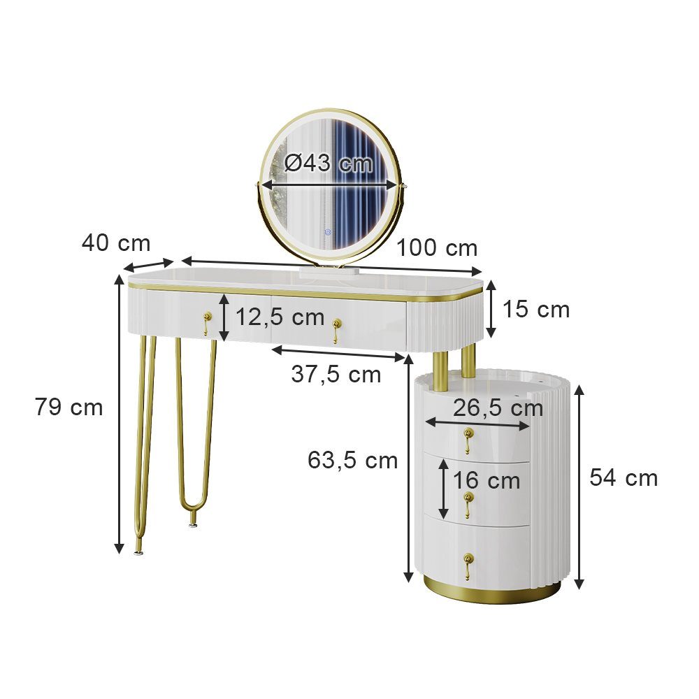 Vicco Schminktisch Charlène, Weiß, 100 cm mit LED-Spiegel (2-St)