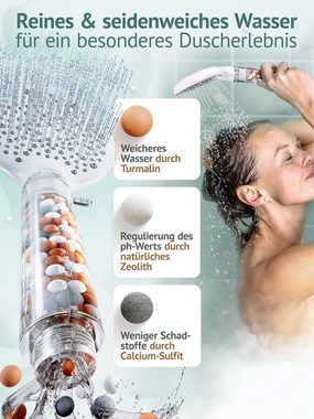 KUNTO Handbrause - Duschkopf mit Filter (Mineralsteine) und 3 verschiedenen Strahlarten, Duschkopf wassersparend mit Mineralstein-Wasserfilter für gesunde Haut