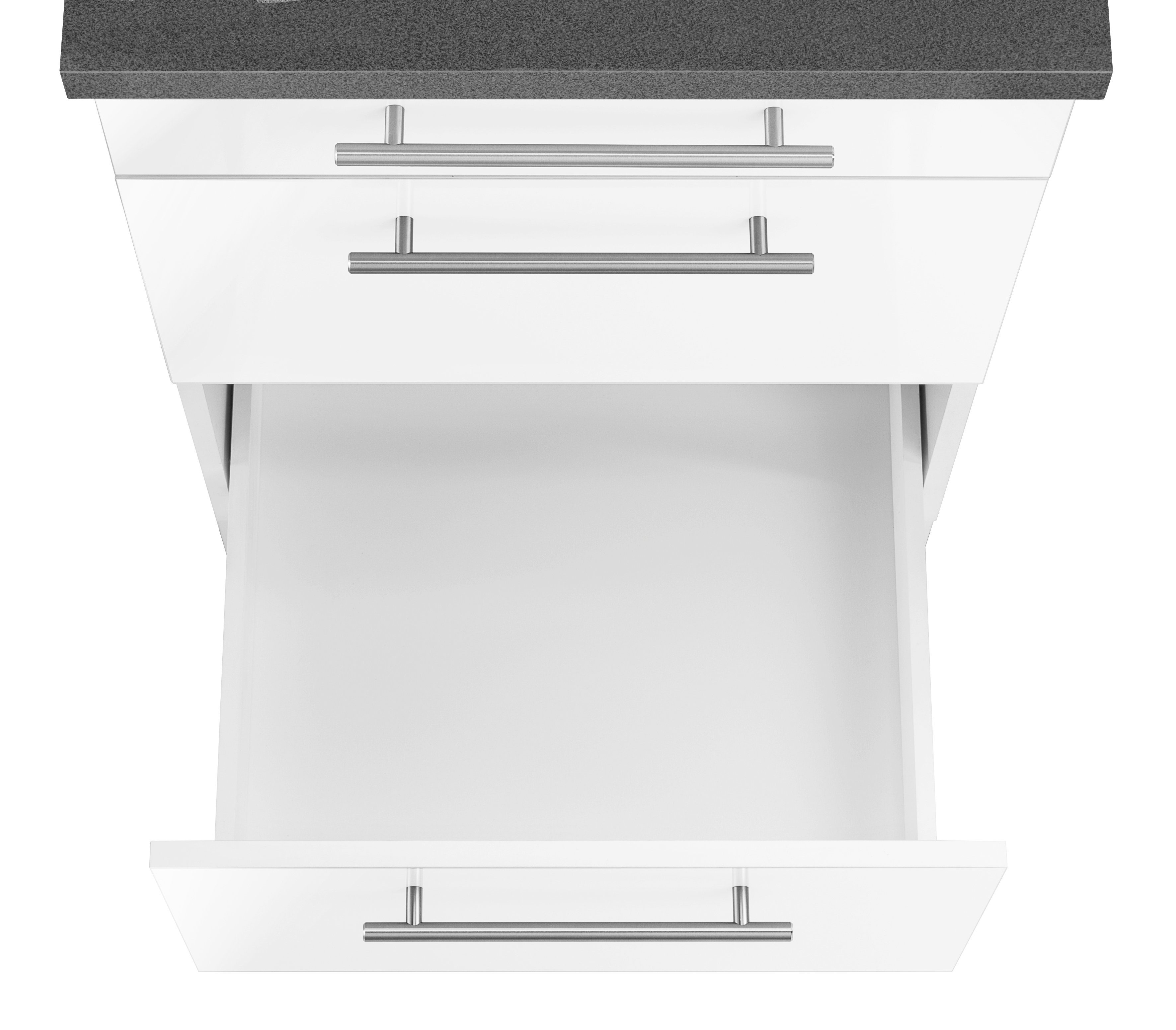 wiho Küchen Unterschrank breit, Auszügen | Weiß, 50 Weiß cm Cali Arbeitsplatte: mit Front: großen Glanz, Grau Weiß 2 Granit Korpus