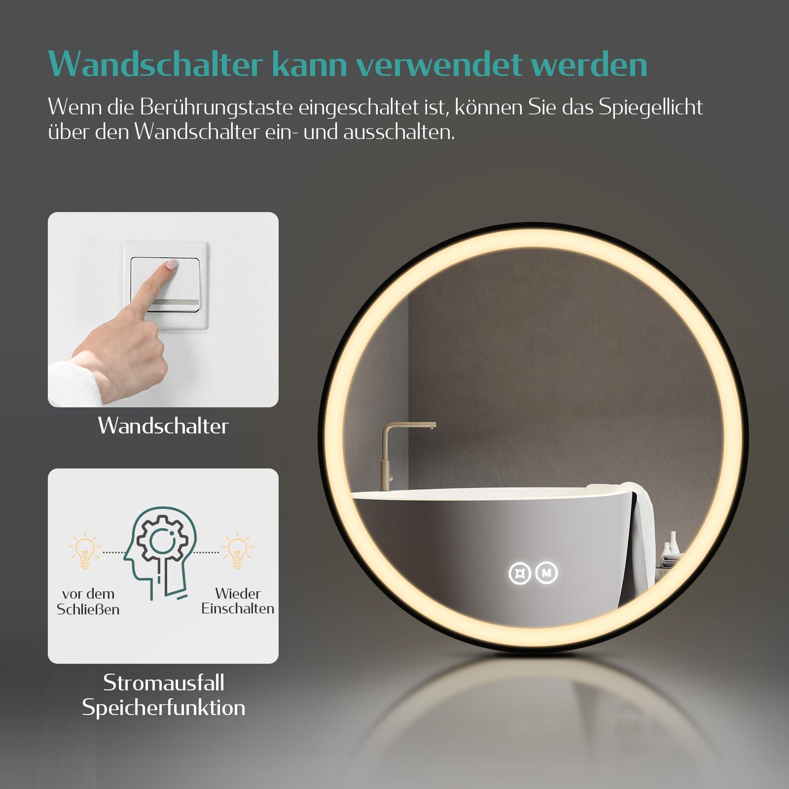 EMKE Badspiegel mit Beleuchtung Rund Badezimmerspiegel günstig online kaufen