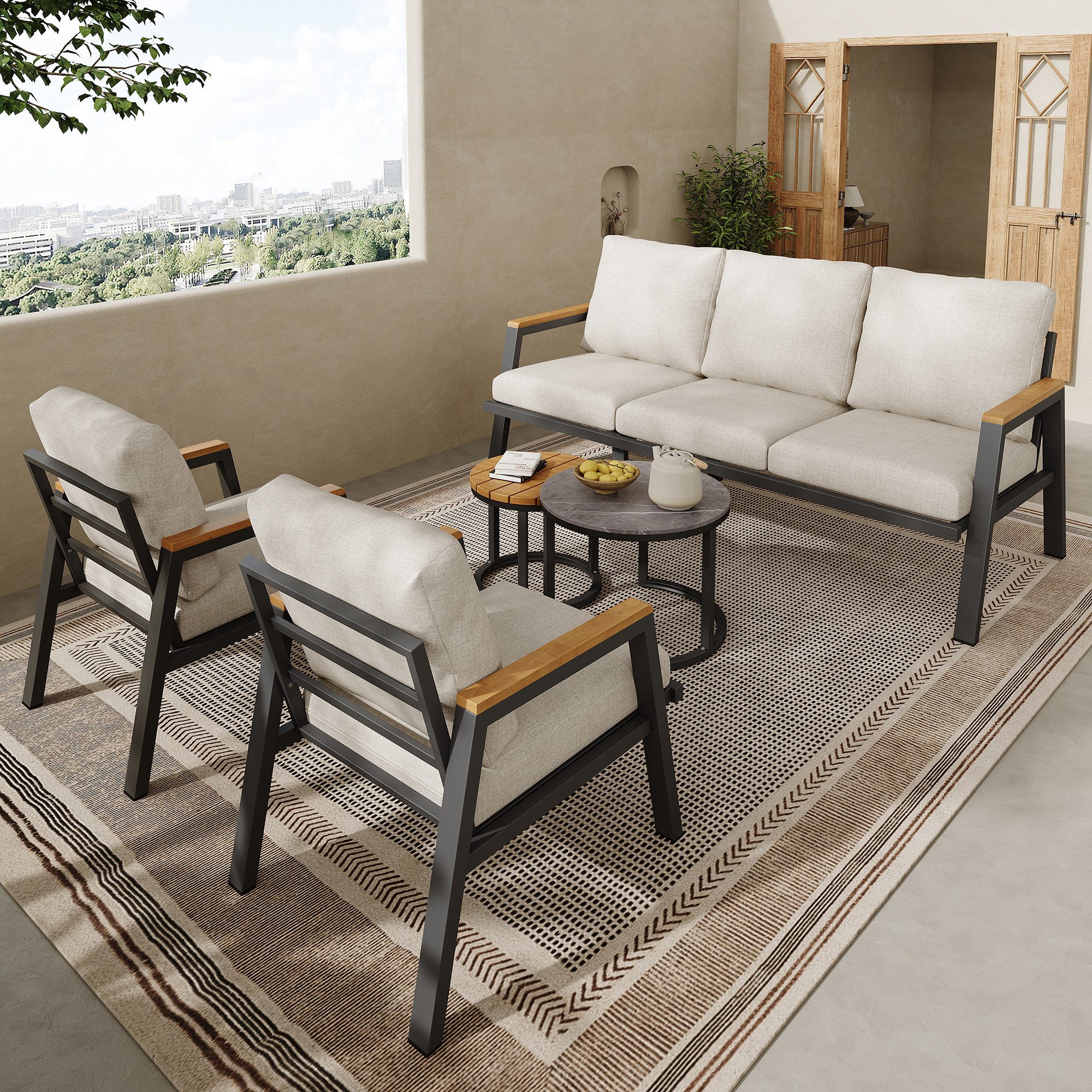 STILVORA Gartenlounge-Set Gartenmöbel-Set Ecksofa mit 2 Sessel & 2 Couchtisch,Glasplatte, (Gartenmöbel-Set, Outdoor-Sofa-Set, Balkonset, 5-tlg., 3-Sitzer-Sofa, 2 Sessel, 2 Couchtische), Marmor lackierte Glasplatte und Kunststoff-Holzplatte