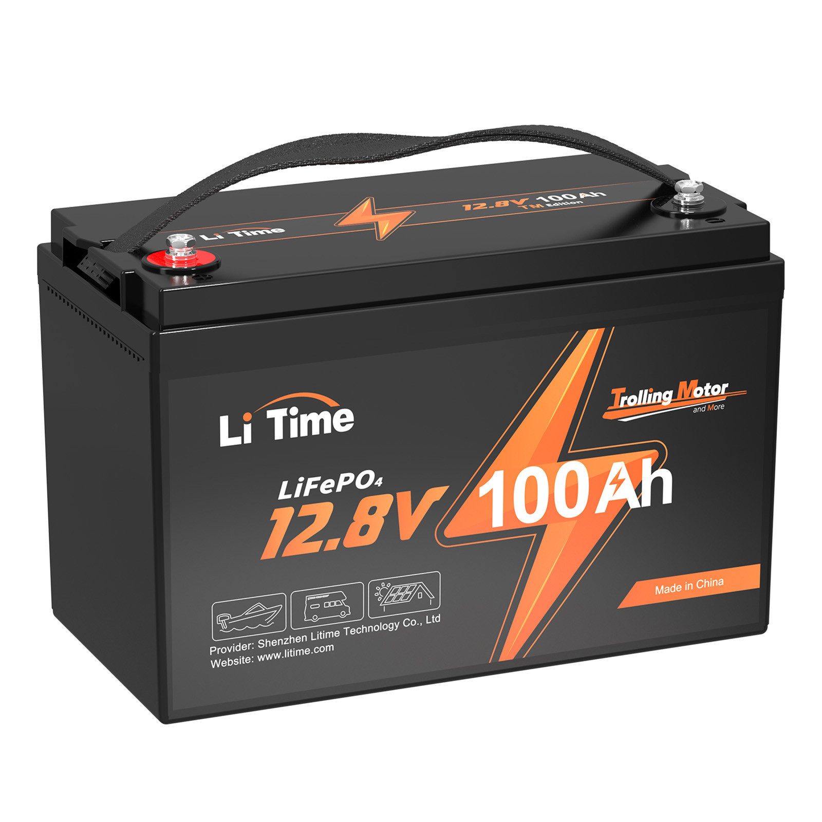 LiTime LiTime 12V 100Ah TM Lithium Batterie mit BMS 1280Wh LiFePO4 Solarakkus, Geeignet für Trolling-Motoren mit 30-70 lb Schubkraft
