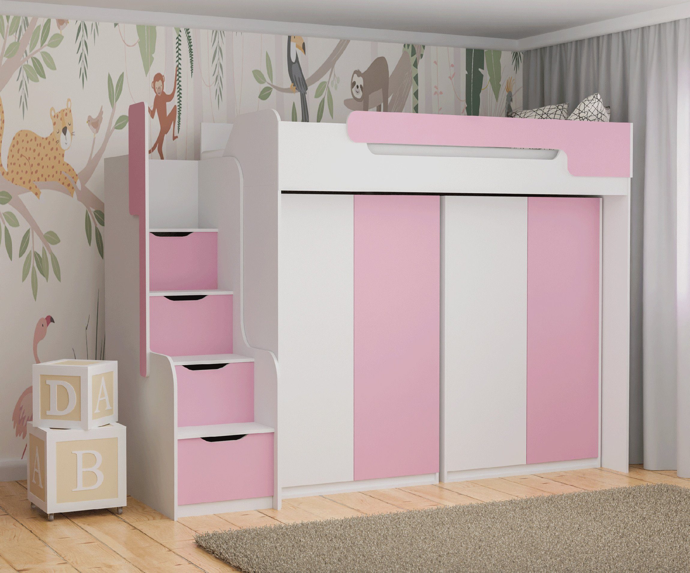 Möbel-Zeit Hochbett Hochbett DORIAN mit 2 Schränken