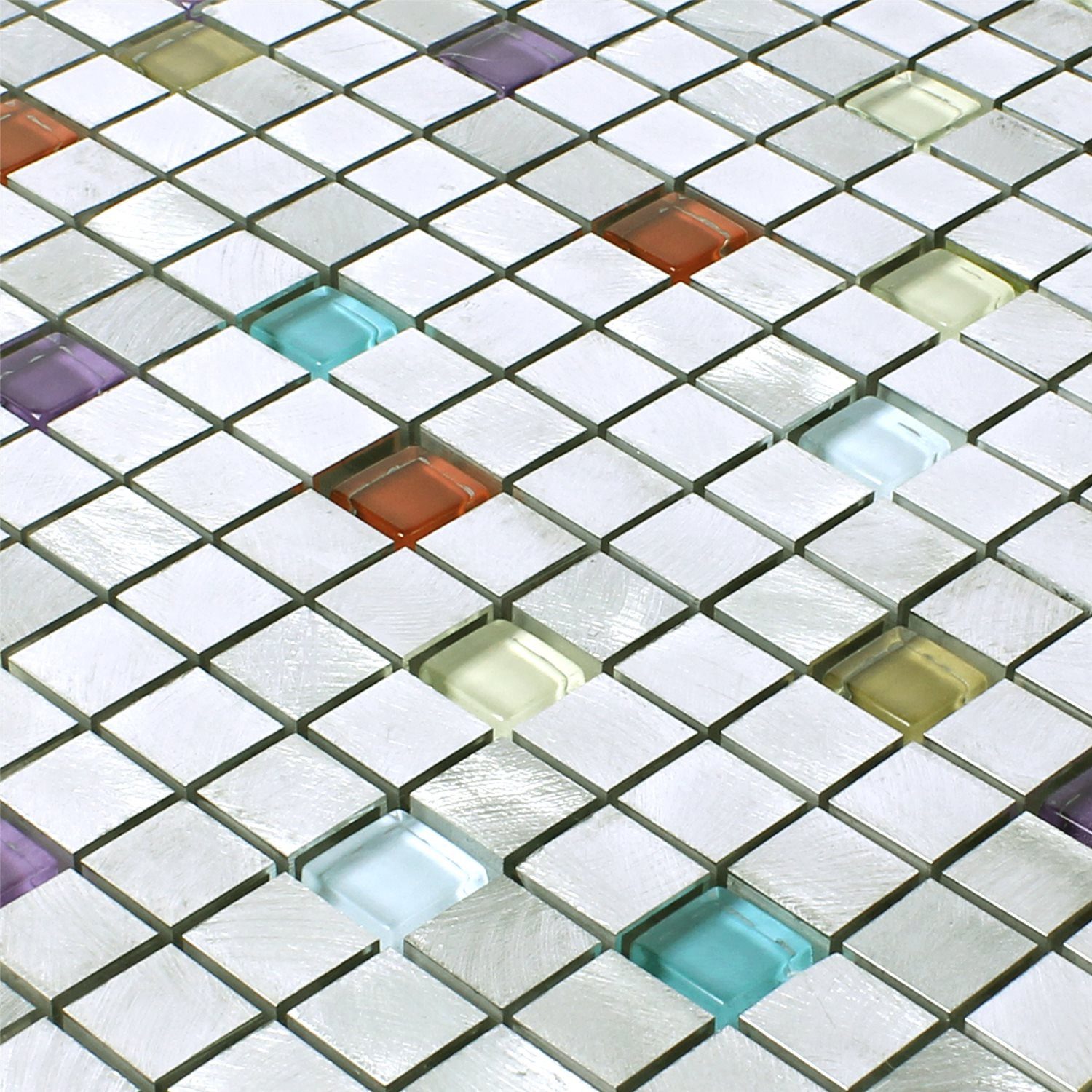 Mosafil Mosaikfliesen Mosaikfliesen Lissabon Aluminium Glas Mix, Glas-Aluminium 30.000x30.000, rot-beige-braun-silber-blau-lila-bunt, Verlegefertig auf ein Netz geklebt - Wasserfest