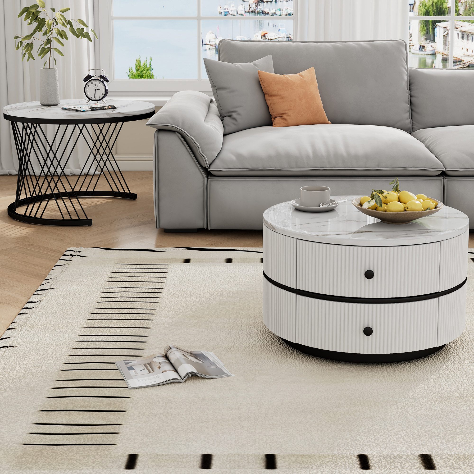 MODFU Couchtisch Couchtisch-Set in Nestform (Sofatisch, Wohnzimmertisch, 2-St., 60*60*46cm & 50*50*30.8cm), mit 2 Schubladen, hochglänzender Marmoroptik