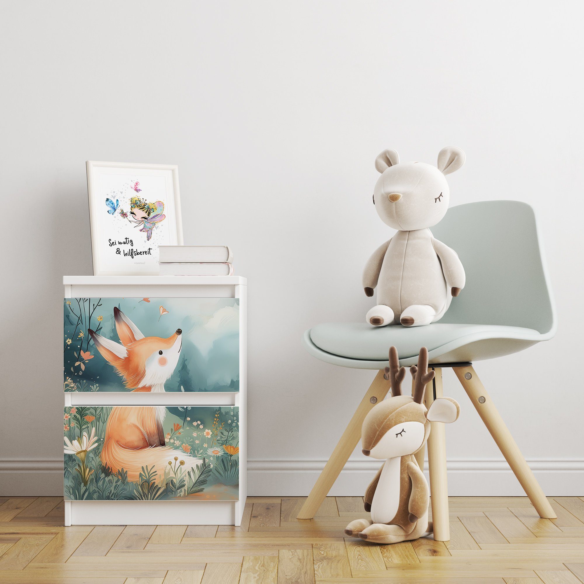 Sunnywall Möbelfolie passend für IKEA Malm Kommode Schrankfolie Aufkleber Fuchs auf Wiese, blasenfreie selbstklebende Folie (SCHRANK NICHT INKLUSIVE)