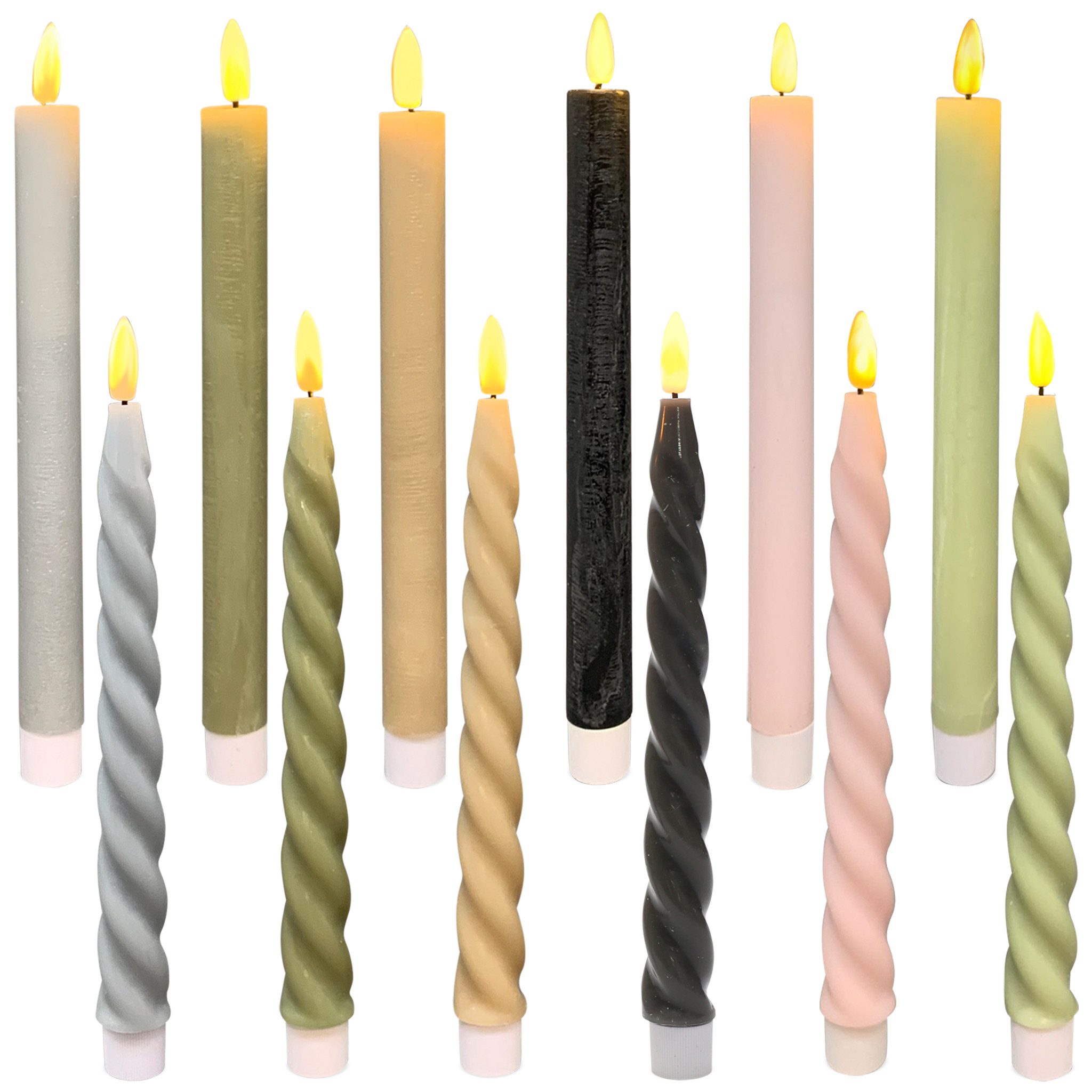 matches21 HOME & HOBBY LED-Kerze LED Stabkerzen Beige im 2er Set, in Ø 2,2 x 22 cm gedreht (2-tlg), Flammenlose. batteriebetriebene Echtwachskerzen mit Timerfunktion