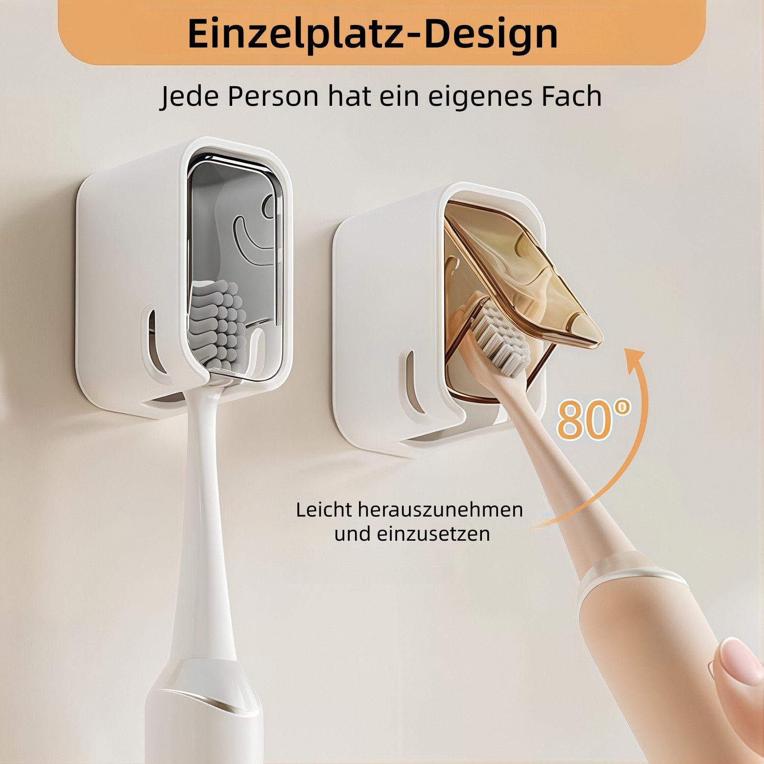 FOUORTUNATE-BEE Zahnbürstenhalter Wand-Zahnbürstenhalter mit Deckel – Selbstklebend, 3-teilig, (2-St), Praktische Badezimmer-Aufbewahrung für Zahnbürsten und Zu – Bild 5 von 5