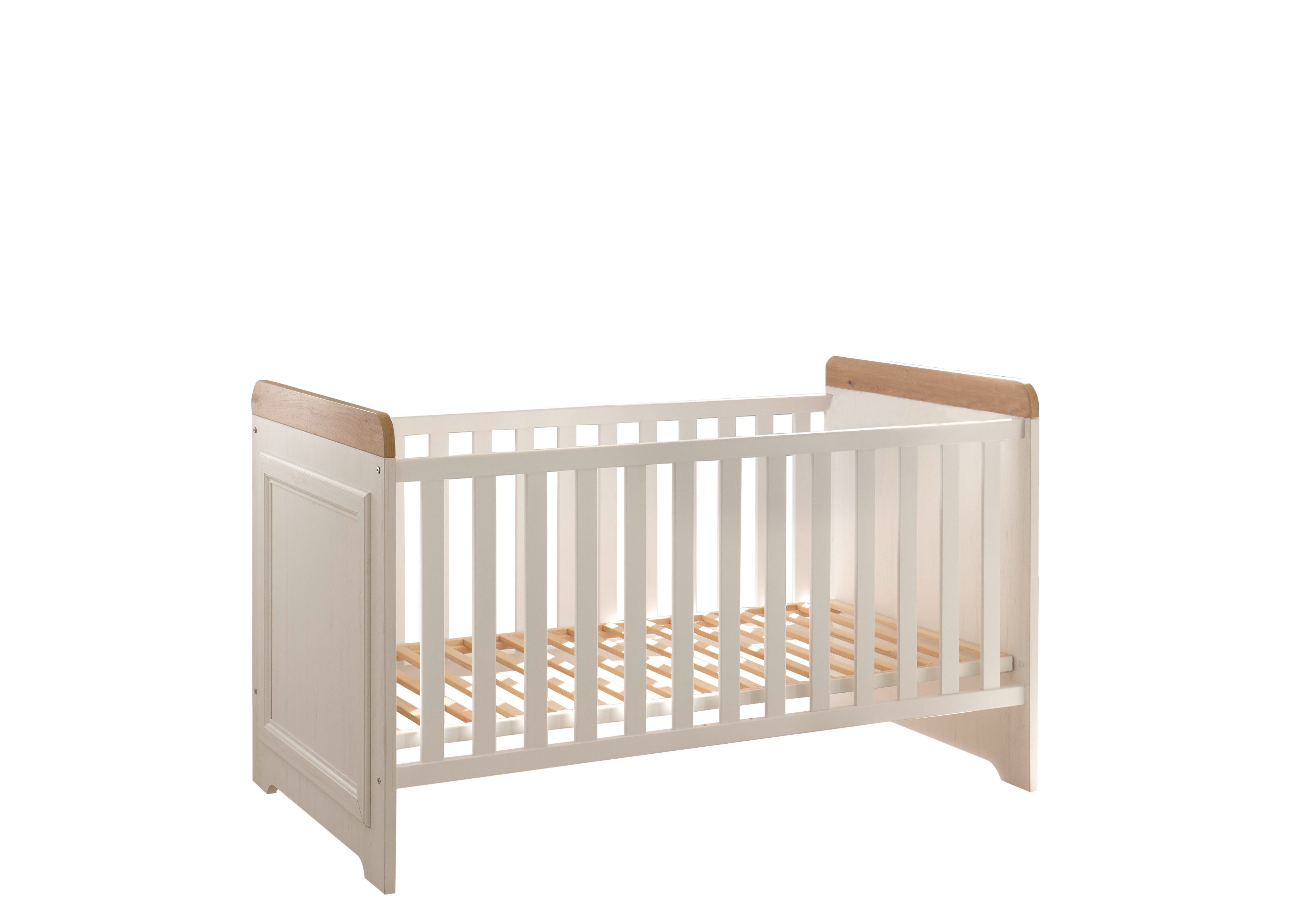 möbel-direkt.de Babyzimmer-Komplettset Jasmin, (Komplett Set, 7-tlg., Schrank, Bett, Wickelkommode, 2 Seitenregalen, Regal, Wandboard), 3fach höhenverstellbarer Lattenrost, Schlupfsprossen