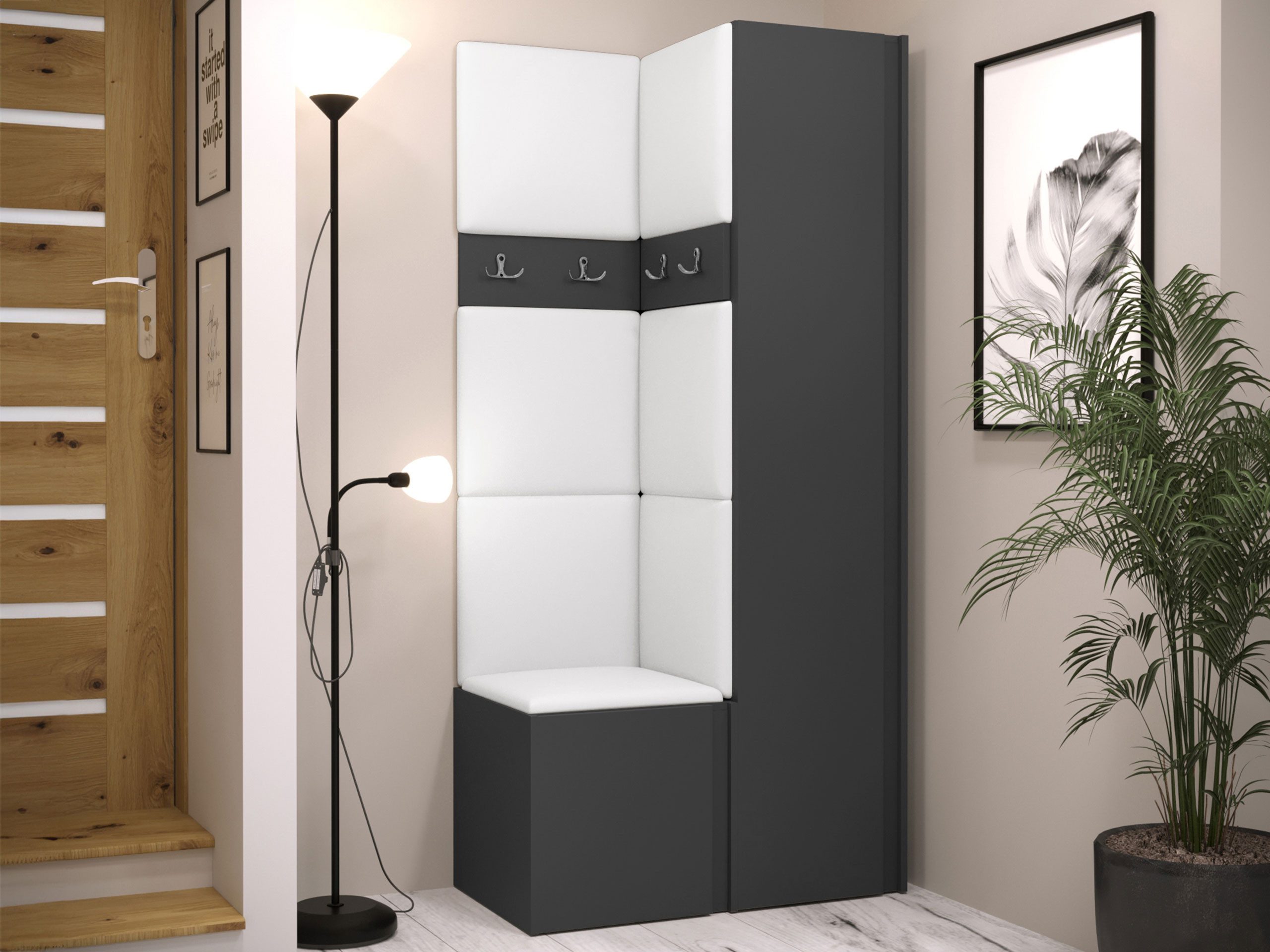 MIRJAN24 Garderoben-Set Orion XXIV, (Komplett-Set, Schuhschrank, Kleiderschrank, 2x Kleiderhakenbrett, 7x Paneel 42x42), Auswahl aus Fronten und Polsterplatten