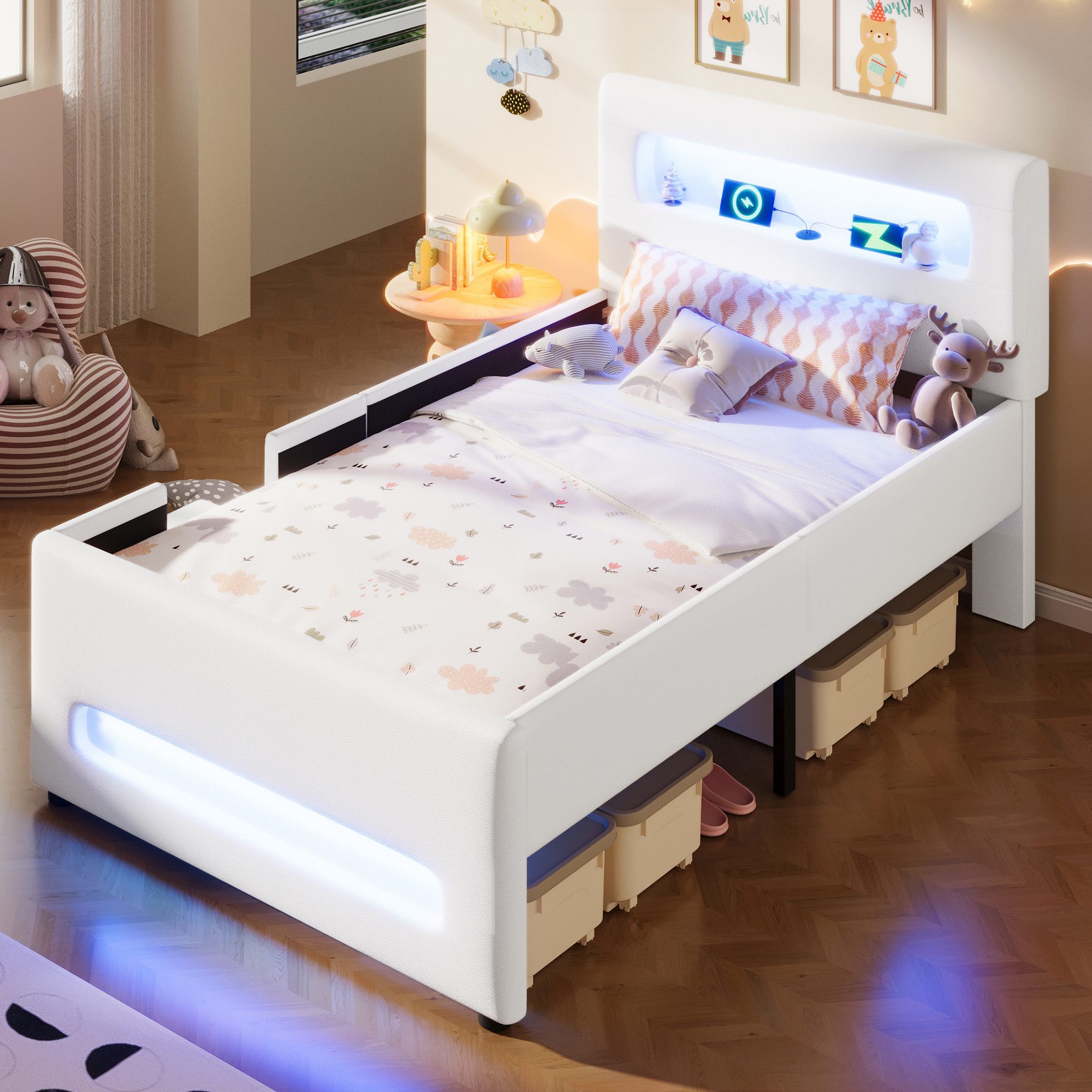 Merax Polsterbett 90x200cm Plattformbett mit LED-Lichtleisten (Jugendbett Einzelbett, 1-tlg), Kinderbett mit Treppe, Schublade, Stauraum & Taschen, Kunstleder – Bild 4 von 5