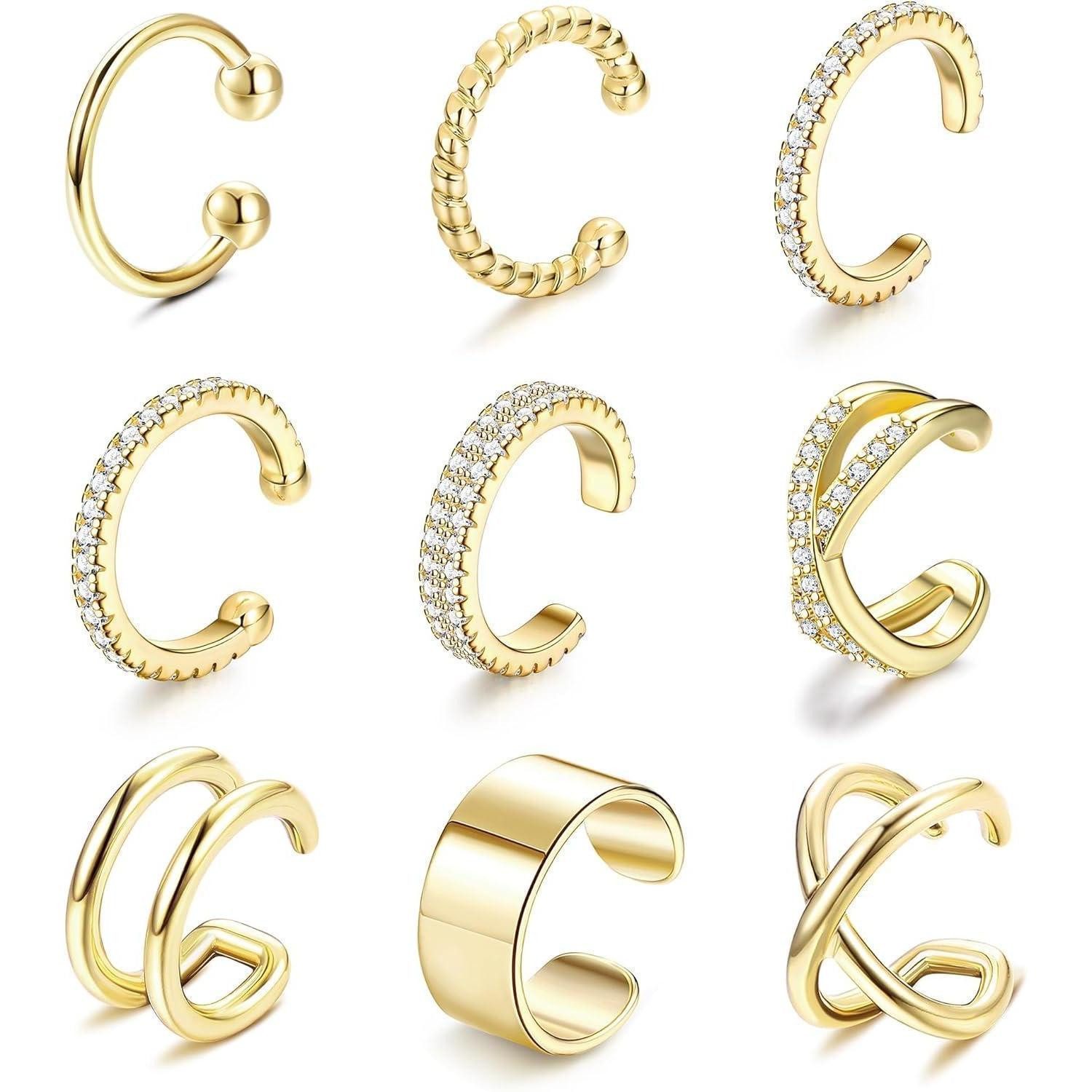 LuxusKollektion Ohrklemmen-Set 9er Set vergoldete Ear Cuffs für Damen - Knorpelohrringe