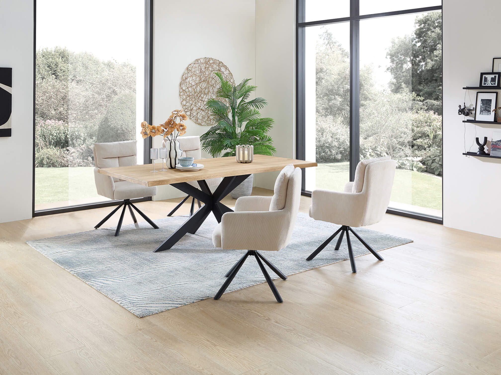 moebel-dich-auf Esszimmer-Set PORTOFINO, (Esstisch mit Stühlen Eiche Massivholz mit Baumkante 200 cm breit, 1 Tisch, 4 Stühle, 6 Stühle oder 4 Stühle mit Bank), Sitzgruppe mit Cordbezug