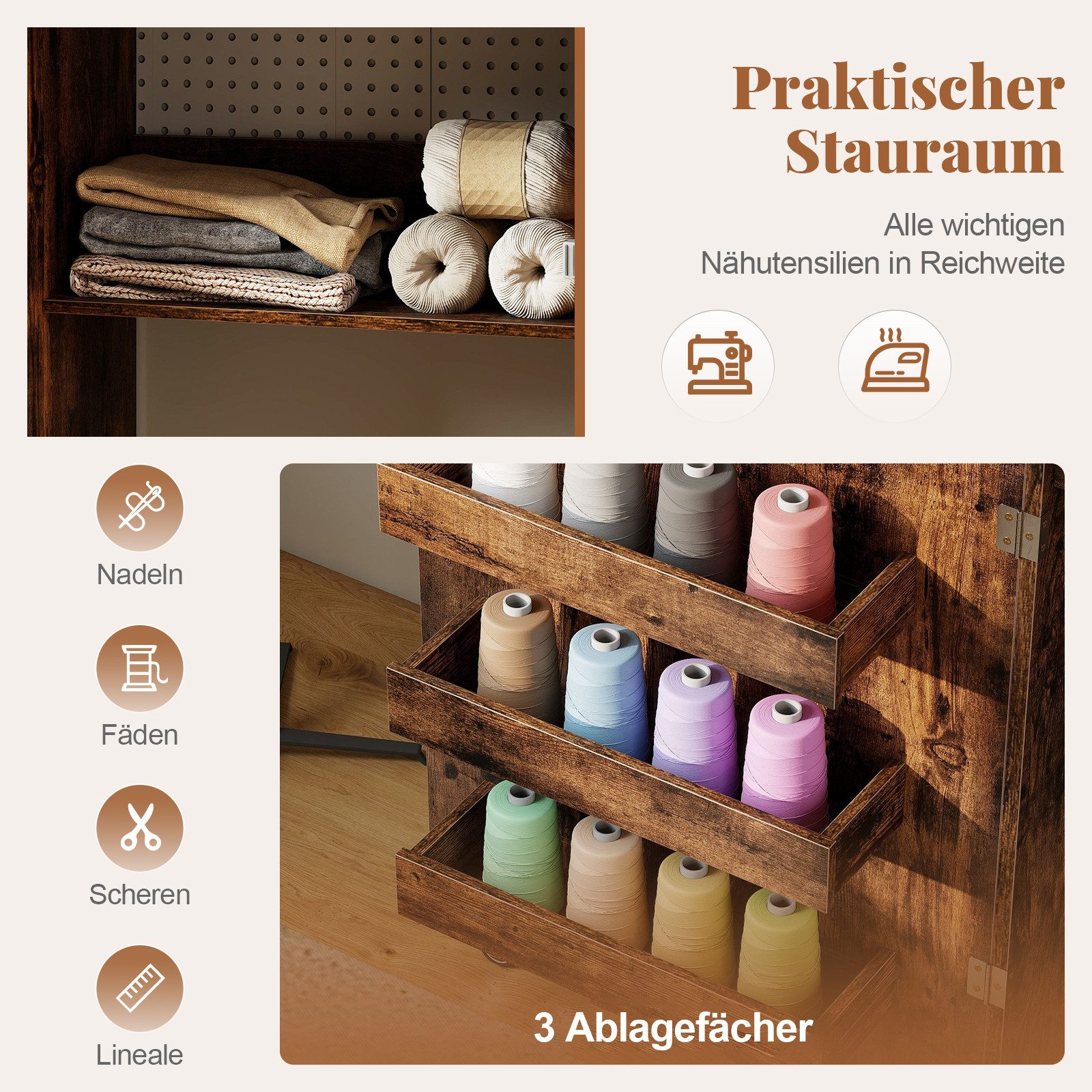 COSTWAY Schreibtisch 2 in 1 Nähtisch klappbar mit Ladestation, Rollen, Nähmaschinenschrank – Bild 4 von 5