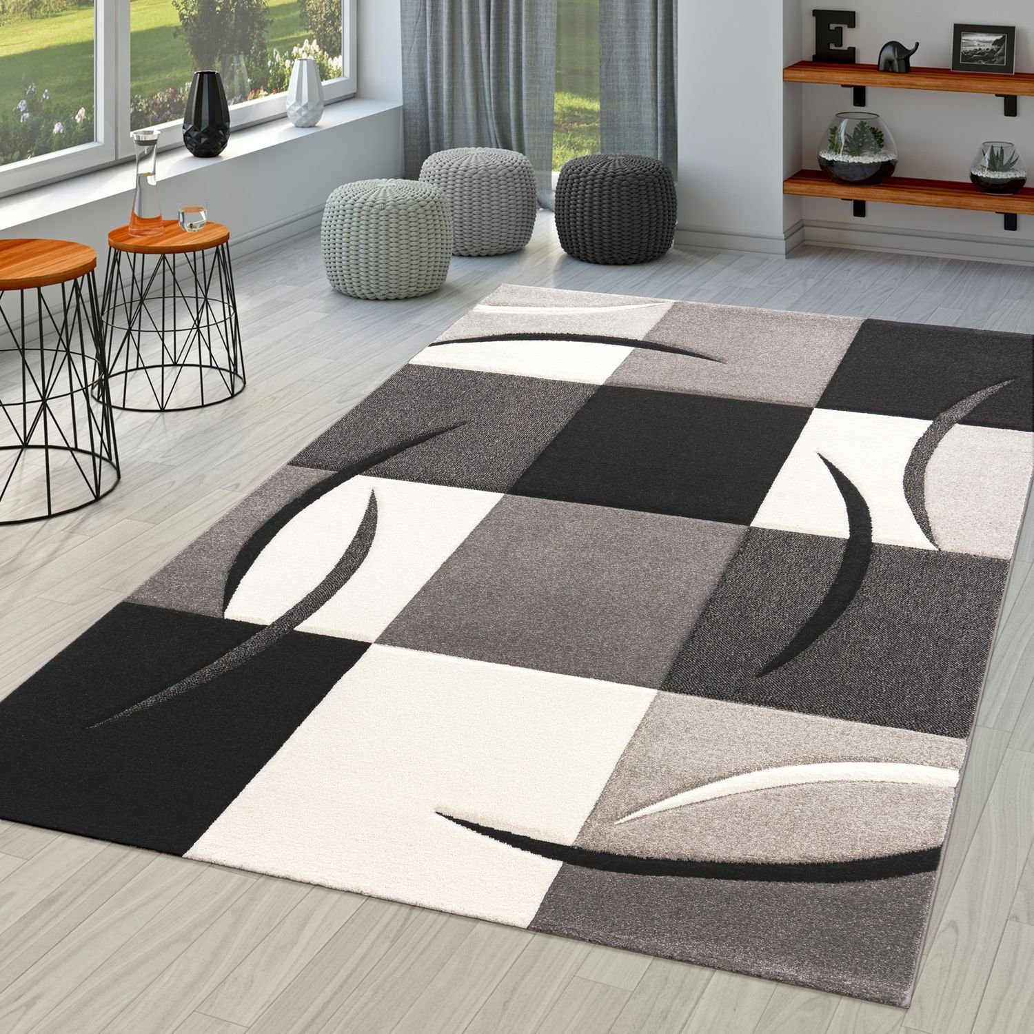 Teppich Wohnzimmer Teppich Moderner mm Höhe: TT Home, 3D Optik, Schwarz-Weiß Kurzflor 16 rechteckig
