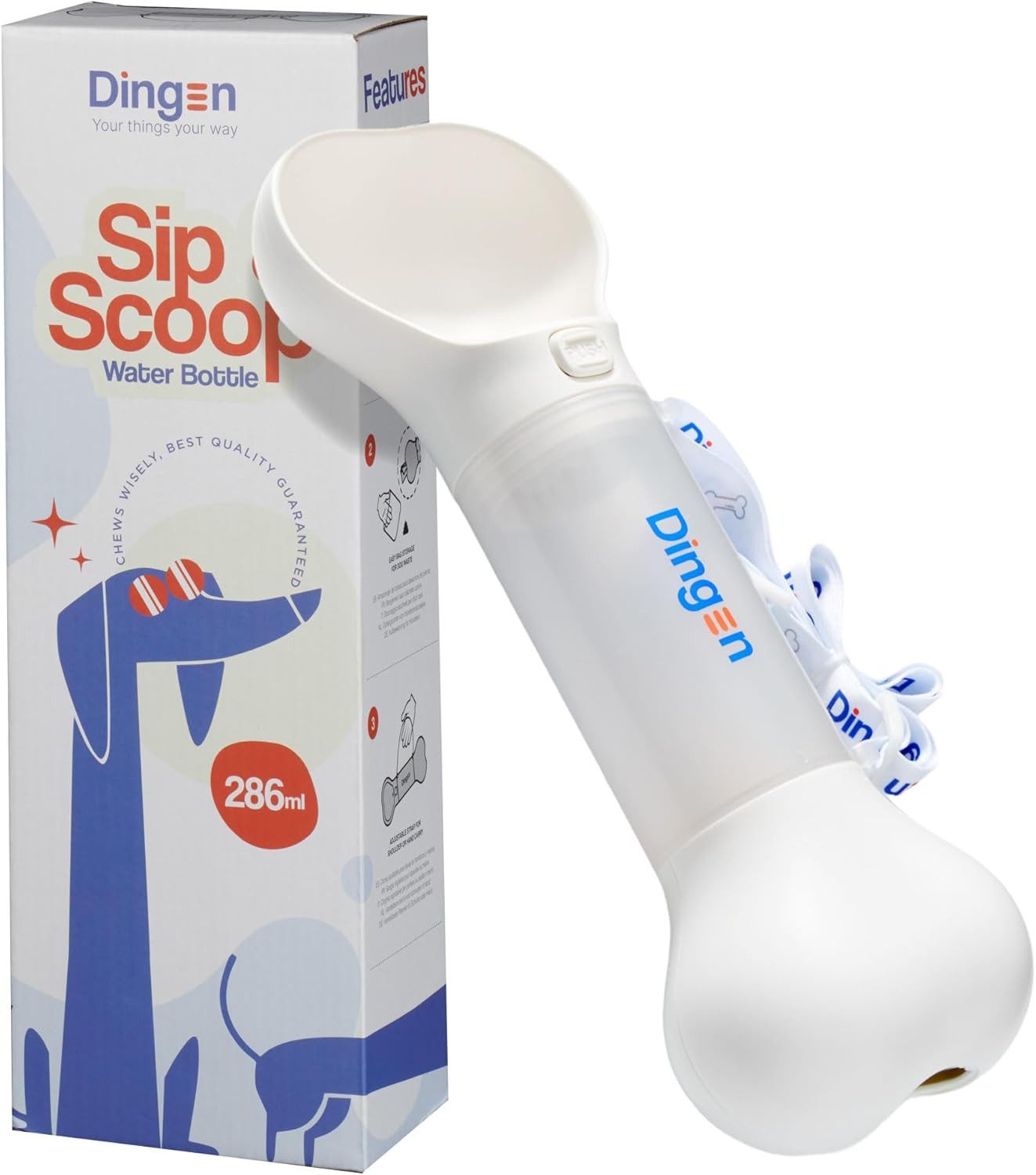 Dingen Reisenapf Hundewasserflasche Tragbare Wasserflasche für Hunde 286 ml, mit Abfallbeutelspender