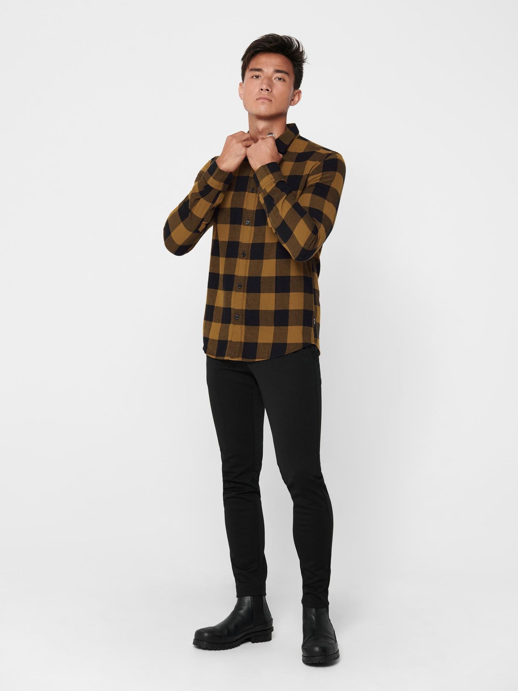 ONLY & SONS Langarmhemd fürFreizeit Karohemd Holzfäller Kariertes Flanellhemd (1-tlg) Baumwolle Slim Fit Kentkragen kariert wärmend Knöpfe