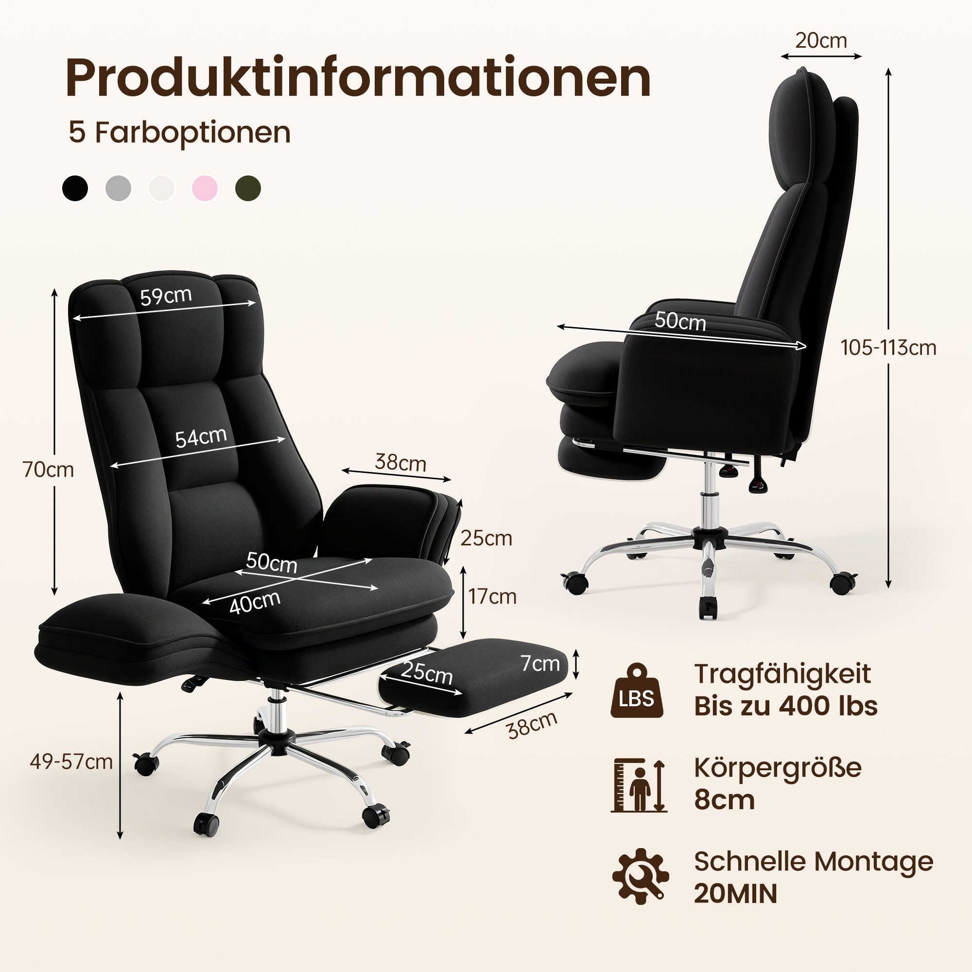HawthyHome Bürostuhl mit Fußstütze & Klappbaren Armlehnen, 135° Teddy-Fleece, Ergonomischer (1 St), 360° leichtgängige Rollen, mit ausziehbarer Fußstütze für Pausen