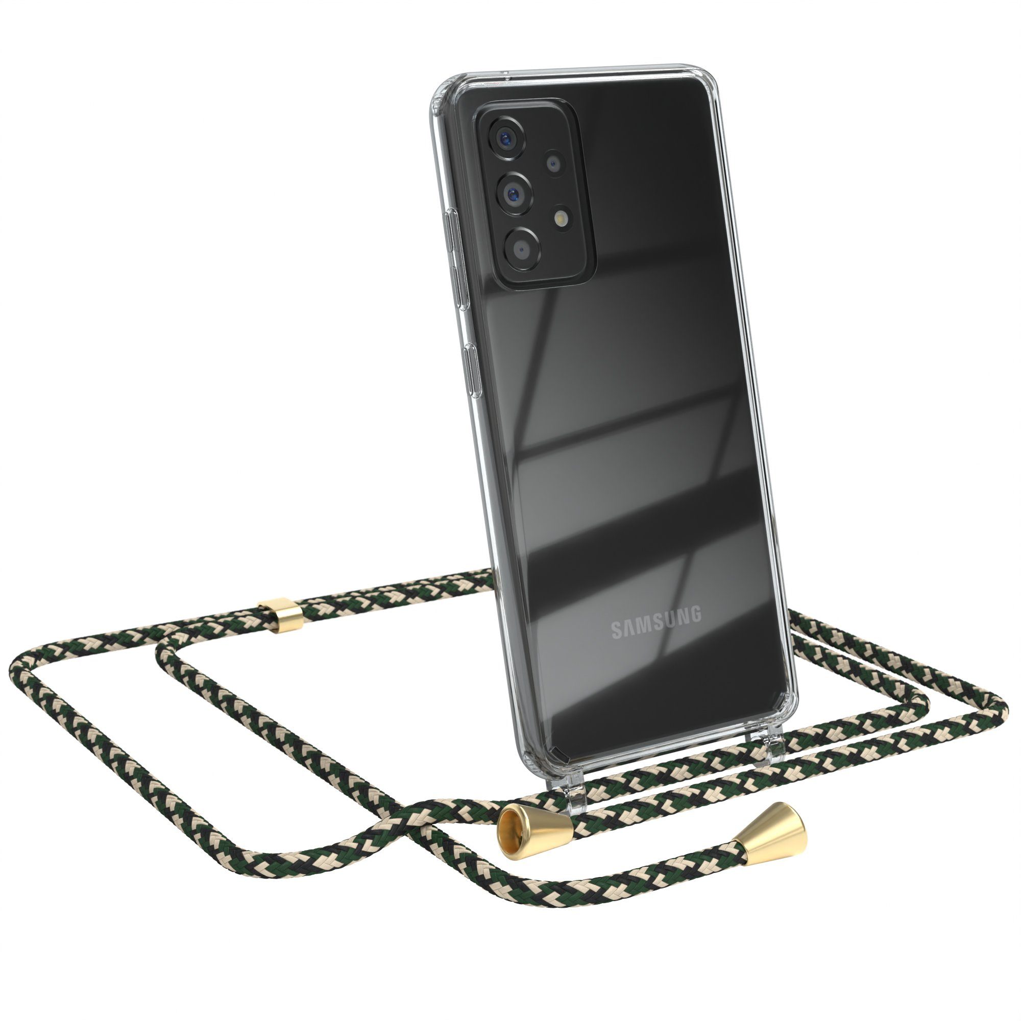EAZY CASE Handykette Hülle mit Kette für Galaxy A52 / A52 5G / A52s 5G 6,5 Zoll, Handykette zum Umhängen Hülle mit Kordel Rundes Band Grün Camouflage