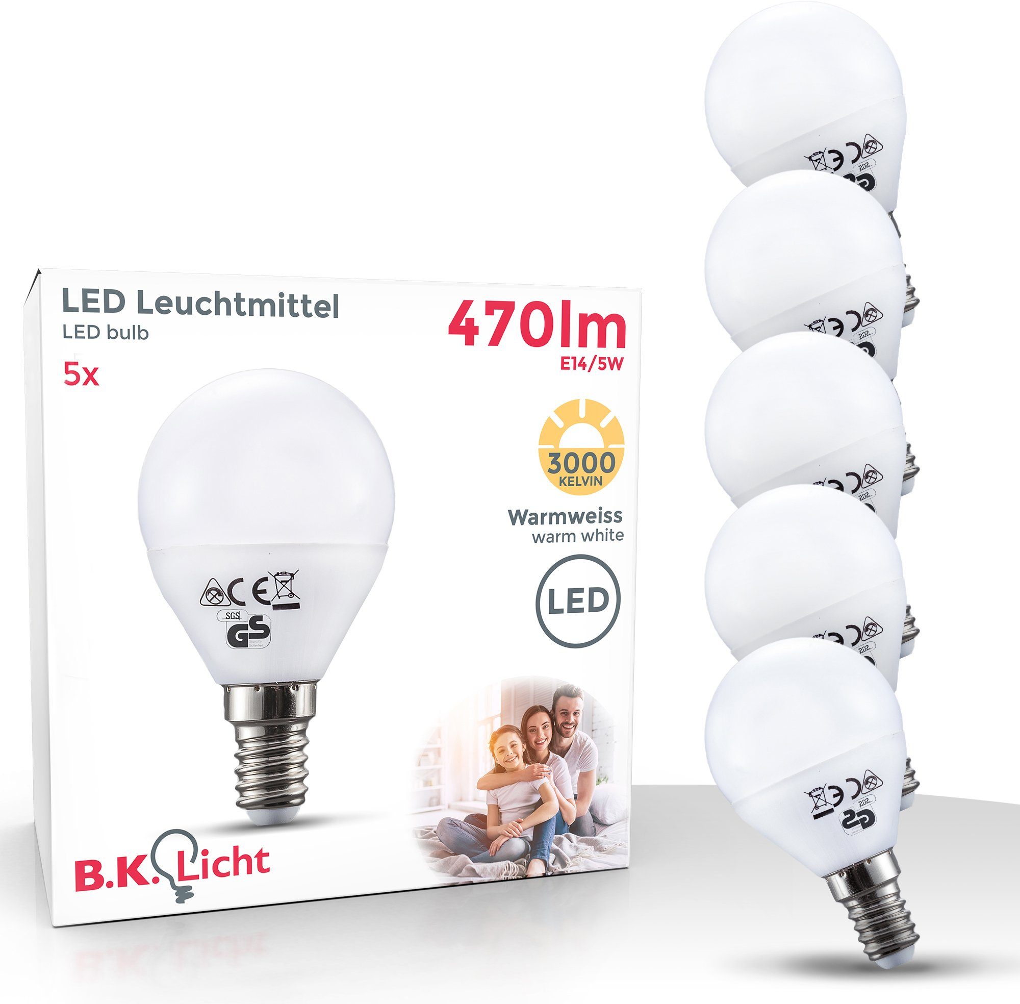 B.K.Licht LED-Leuchtmittel, E14, 5 LED-Lampe 470 Warmweiß, Glühbirne St., Lumen 3.000 Energiesparlampe Kelvin 5 Watt
