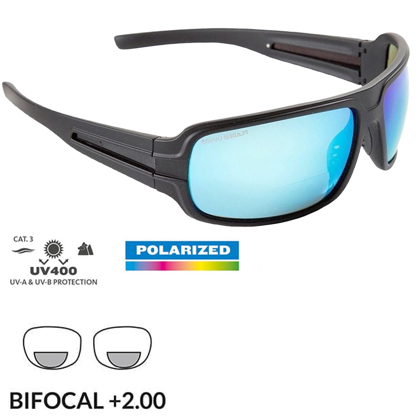 Fladen Sonnenbrille Fladen Deluxe 2in1 Blue Mirror Bifocal Polarisationsbrille mit Vergrößerungsbereich Polbrille Angelbrille Anglerbrille
