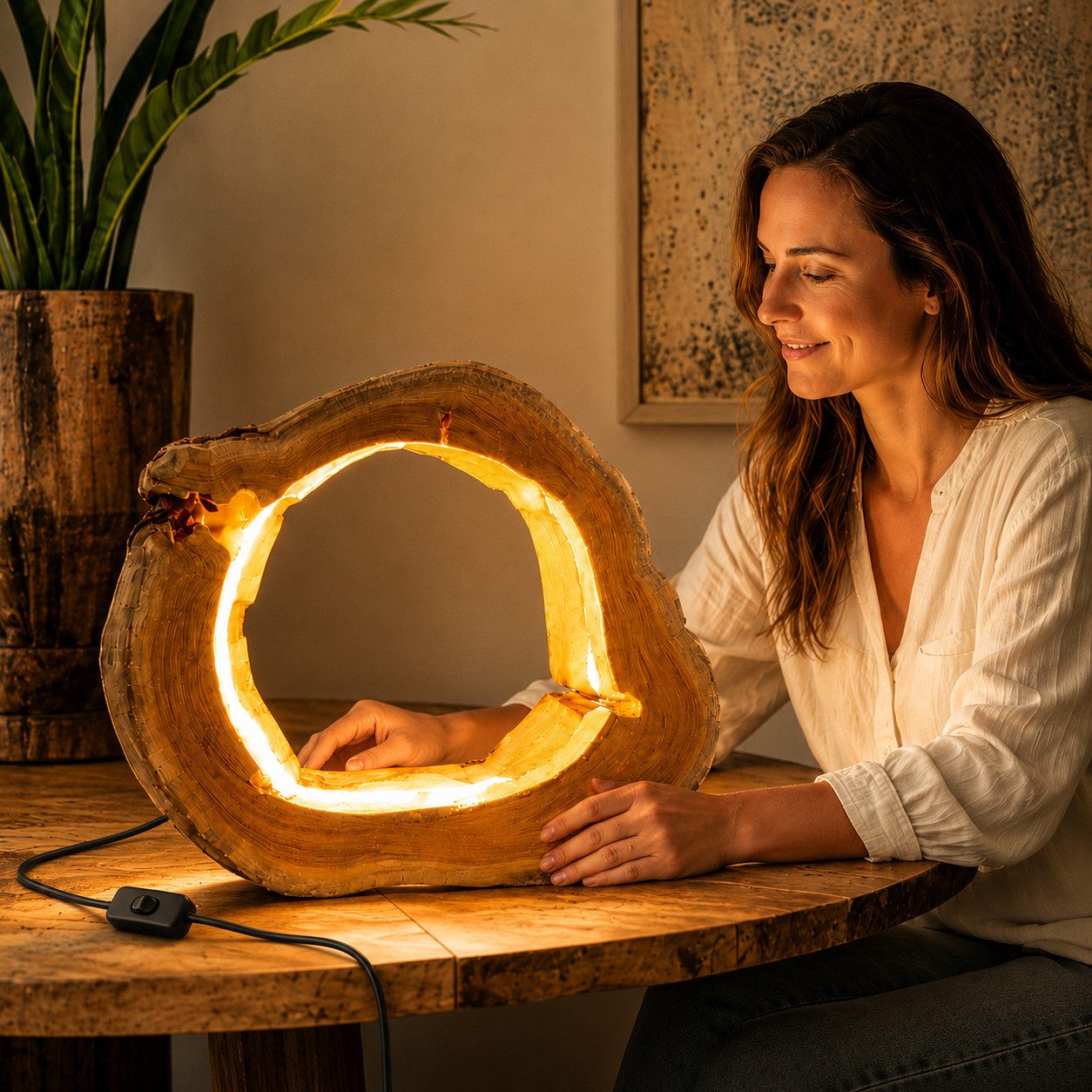 Möbel Bressmer Tischleuchte NATURA LED Holz Tischlampe,Handarbeit Tischlampe mit LED-Streifen,49cm – Bild 2 von 5