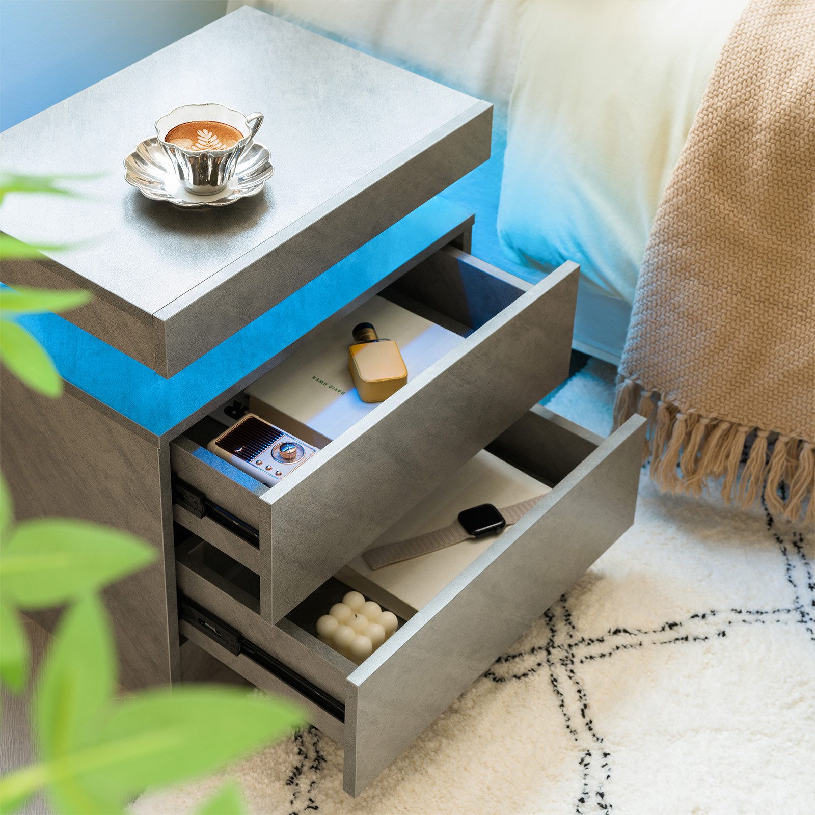 REDOM Nachttisch Nightstand Kommode Beistelltisch Nachtkonsole (LED Nachttisch mit 2 Schubladen, einstellbare multicolor LED-Beleuchtung und großer Stauraum, mit einstellbarem LED-Licht, großem Stauraum und stilvollem Design)