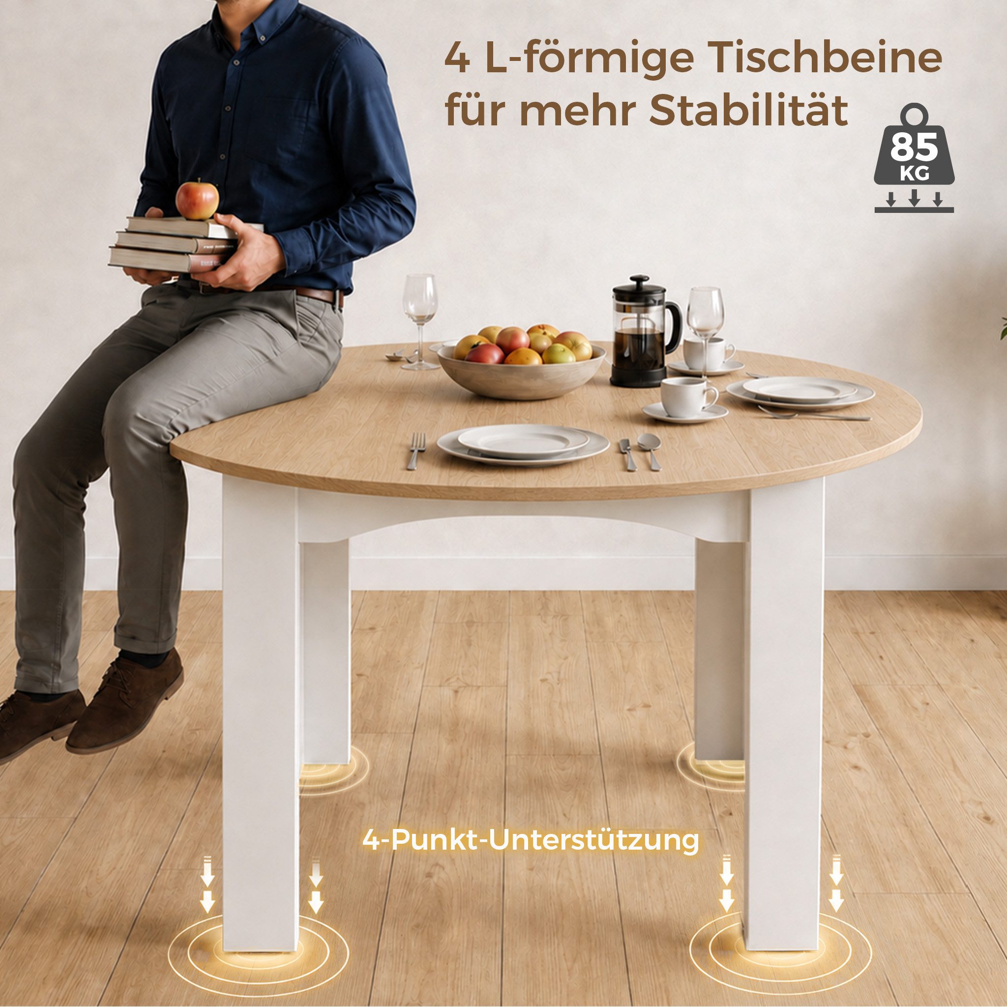 Mondeer Esstisch Rund Esstisch (120 x 120 x 75 cm), Platzsparender Küchentisch für 4-6 Personen – Bild 4 von 5