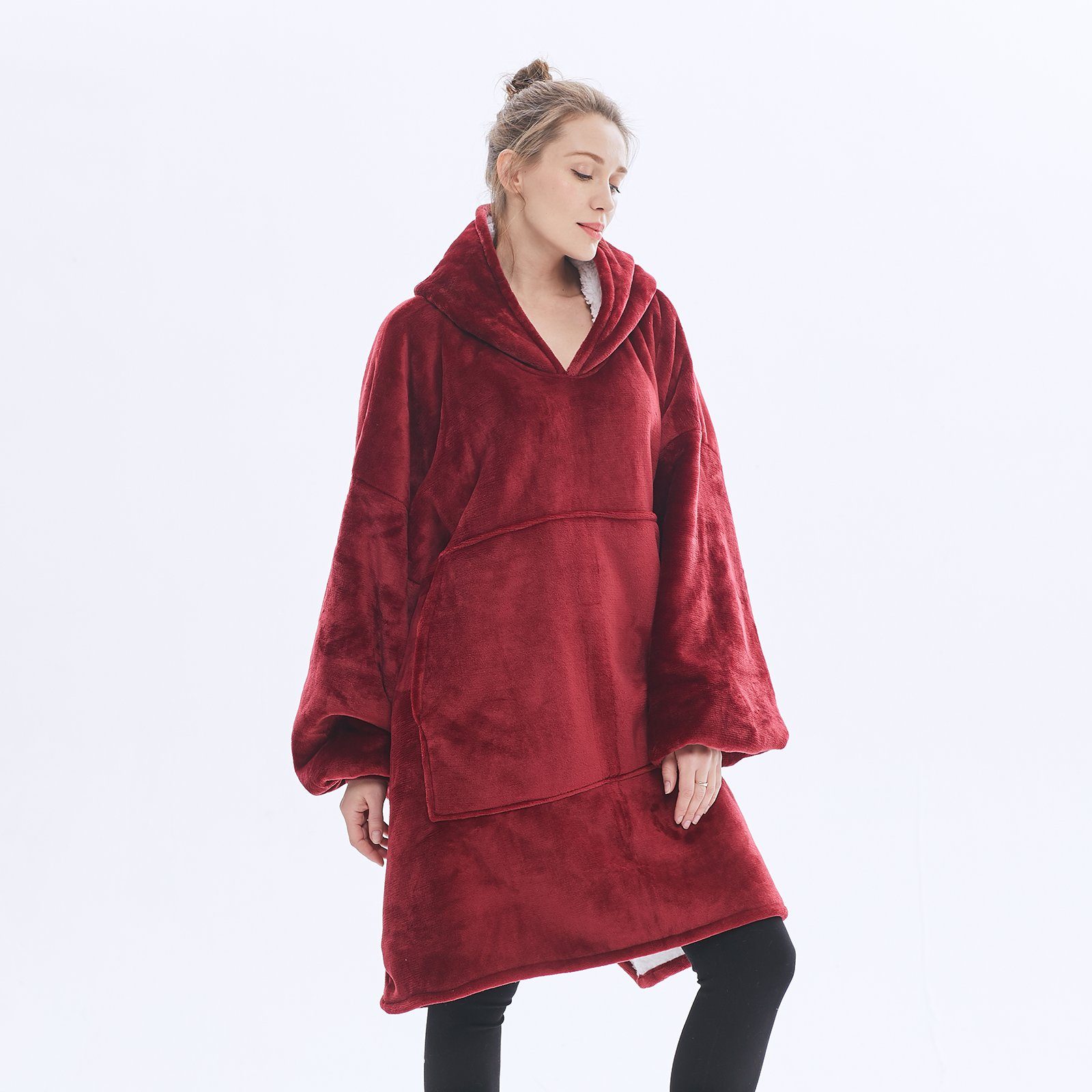 Wohndecke Extra große, Flanell, mit Tasche, für Winter Sofa Bettwäsche, Rosnek, tragbare Kapuzenjacke; Erwachsene Unisex Rot | Wohndecken