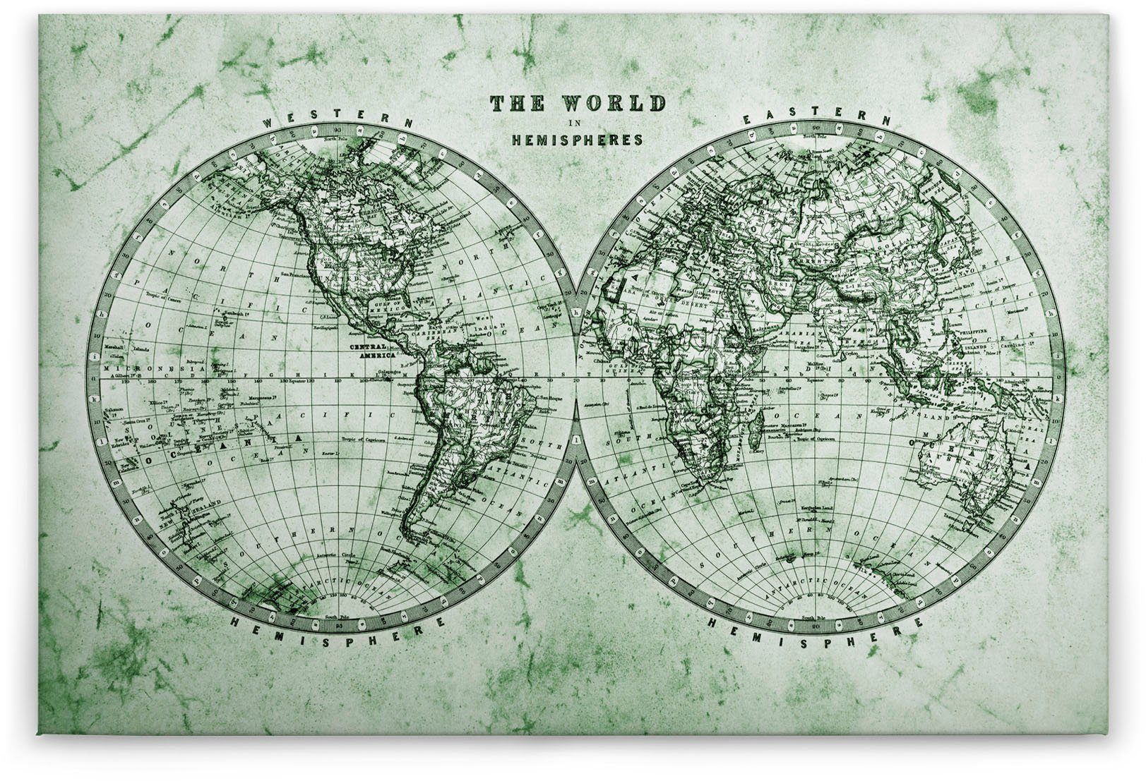 Weltkarte Bild Antik Leinwandbild A.S. Weltkarte grün Vintage Hemispheres, St), (1 Atlas Création Keilrahmen