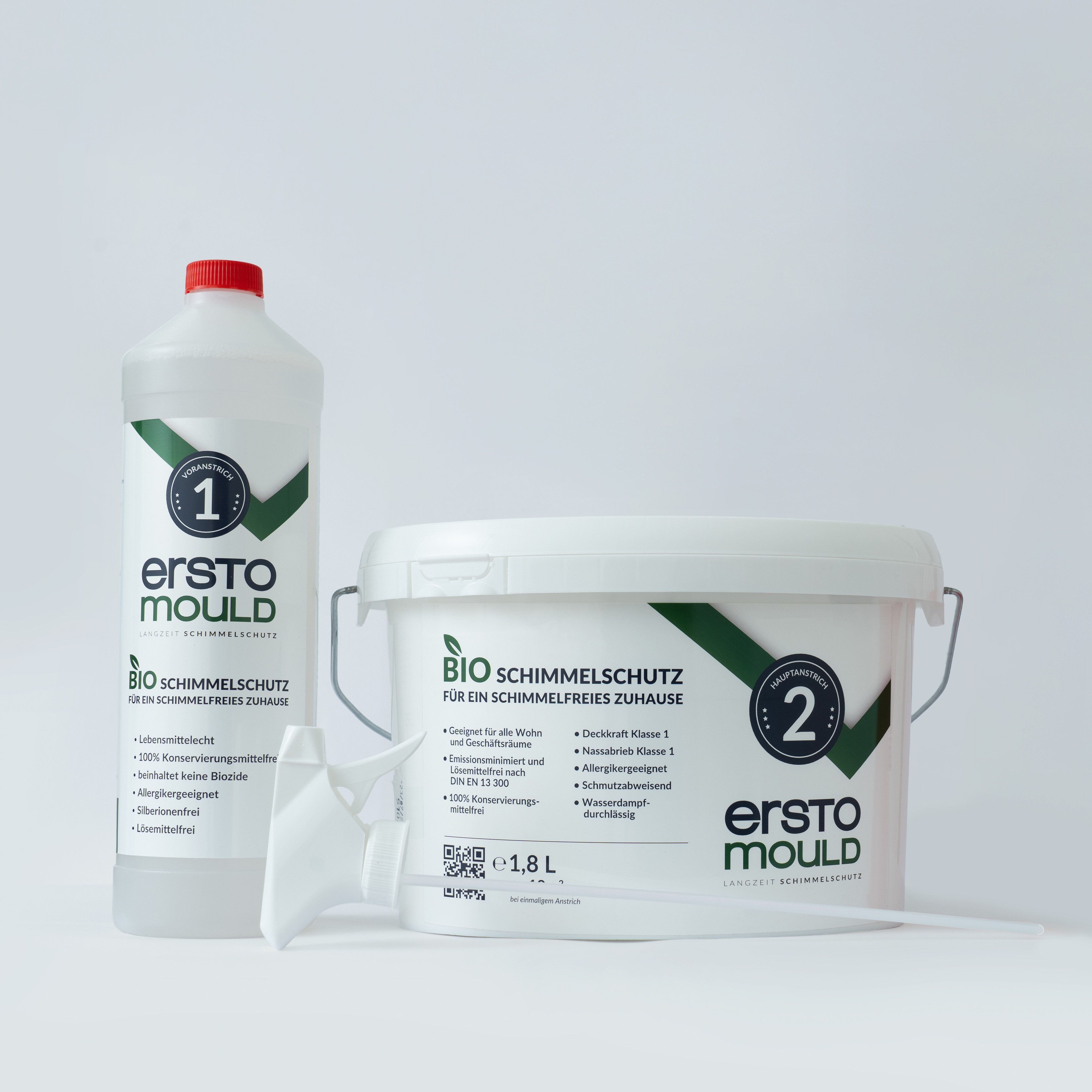 erstomould Bio Schimmelschutz Anti-Schimmel-Set - chlorfrei ohne Biozide Schimmelentferner (Set, [- 1L Voranstrich Spray und 1,8L Hauptanstrich Farbe Abriebfest)