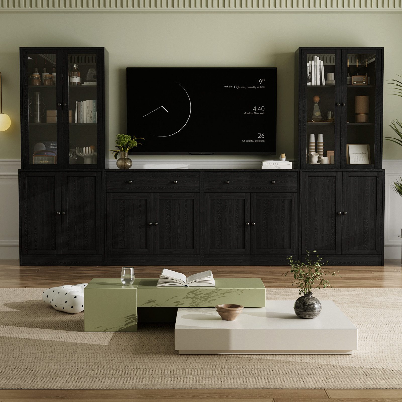 VOWNER TV-Schrank mit Bücherregalen für Fernseher bis zu 70 Zoll, 280 cm TV-Ständer (4-St) Wohnzimmer-Fernsehschrank mit gehärteten Glastüren und Einlegeböden