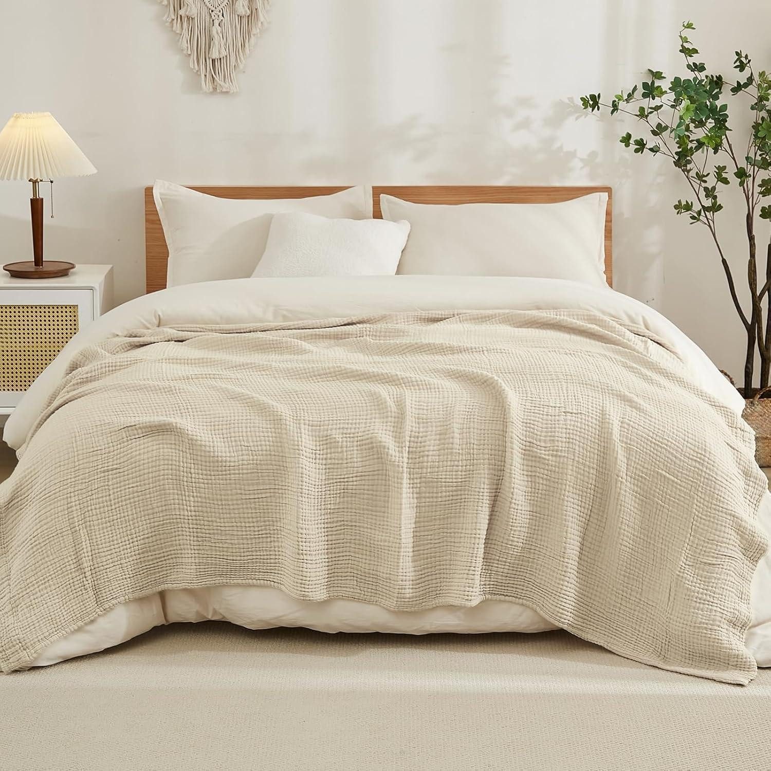LuxusKollektion Baumwollbettdecke Baumwolldecke Musselin Gaze Tagesdecke Kingsize 270 x 230 cm 01-beige