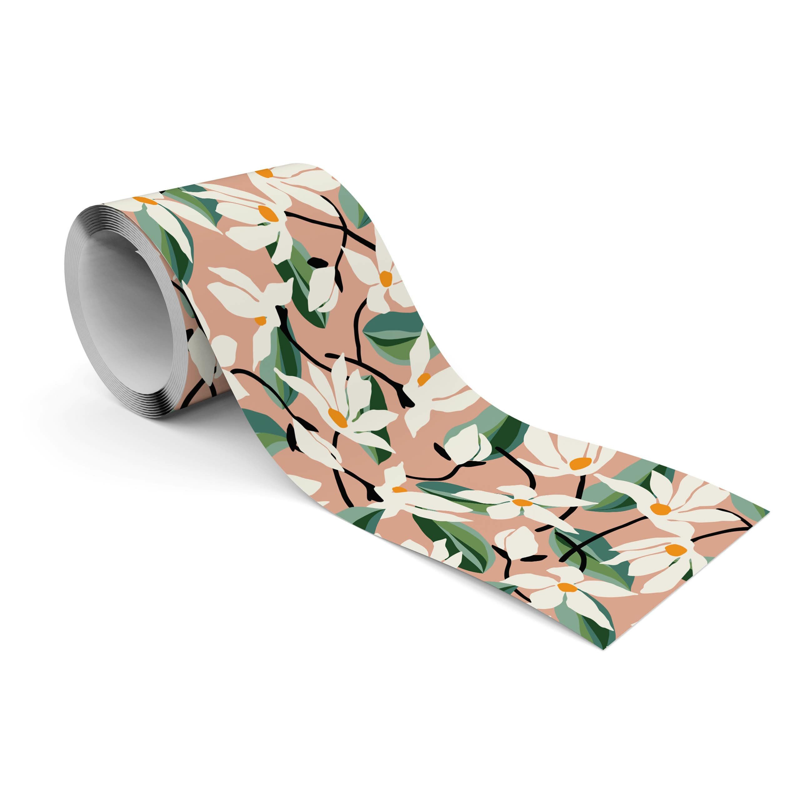Muralo Bordüre Wandbordüre selbstklebend Blumen – Tapetenbordüre Wohnzimmer, floral, Weiße Magnolien mit grünen Blättern auf Rosé, 10 x 300 cm, abwischbar