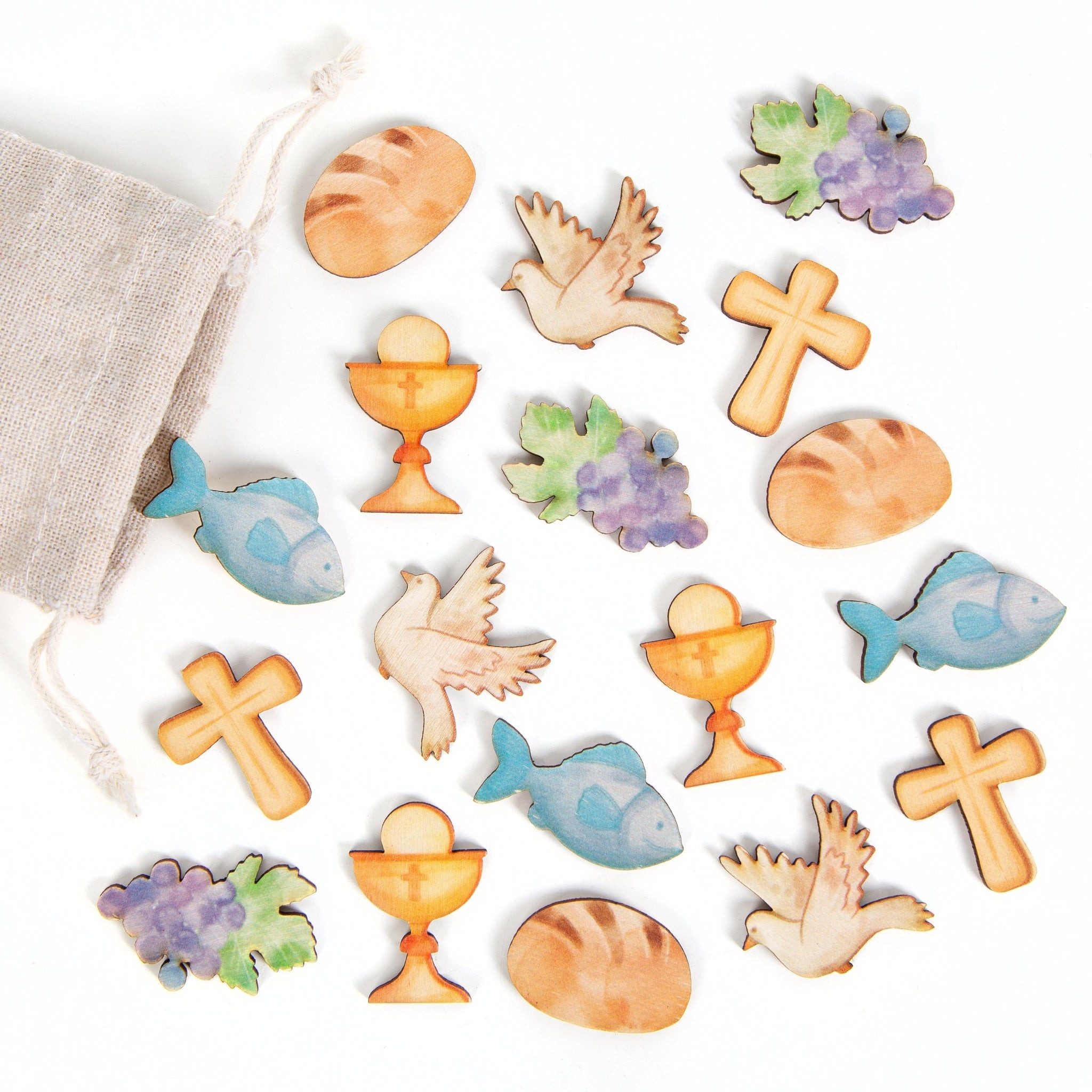 Logbuch-Verlag Dekofigur Streudeko Set 18 christliche Symbole Tischdeko aus Holz Kreuz Taube