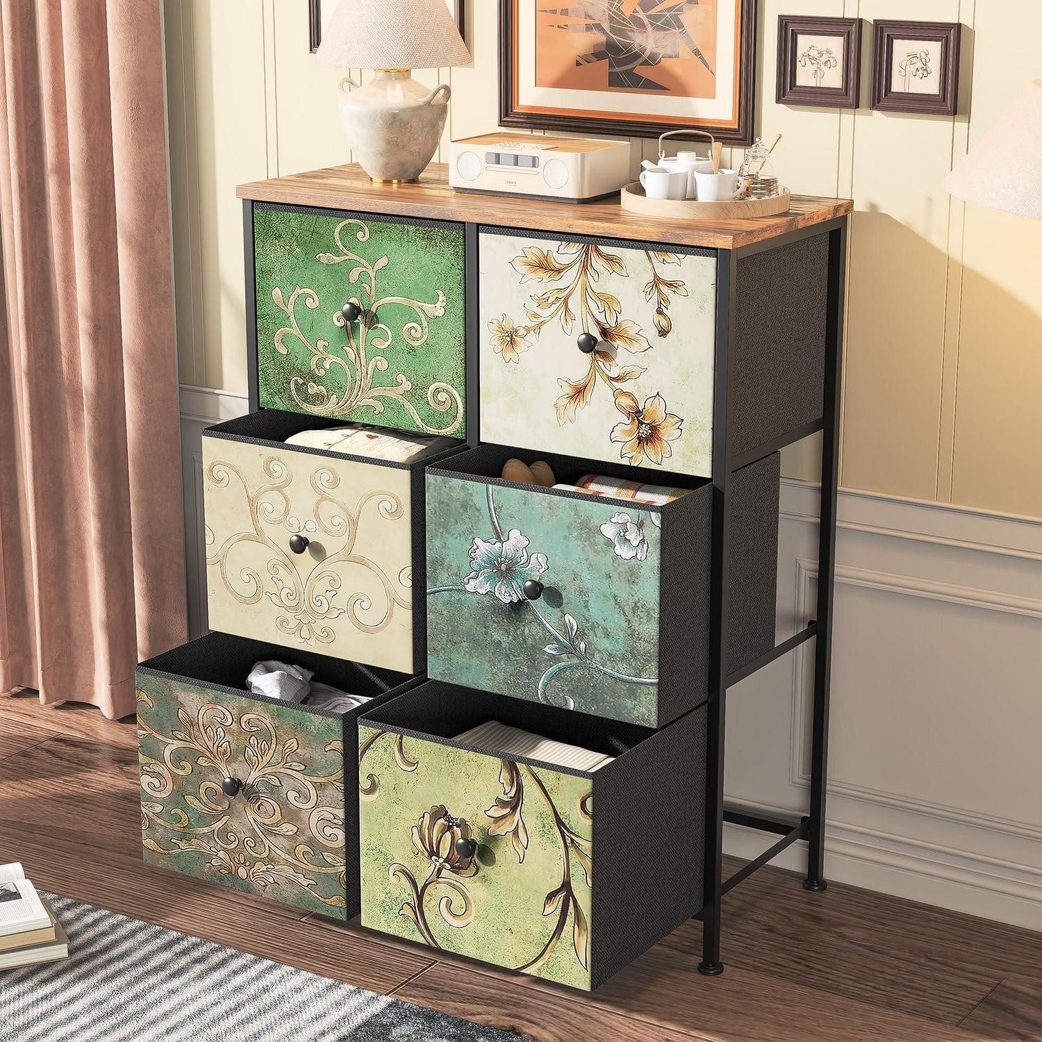 LuxusKollektion Schubkastenkommode Kommode Schrank Sideboard Metallrahmen Stoffschubladen 6 Schubladen